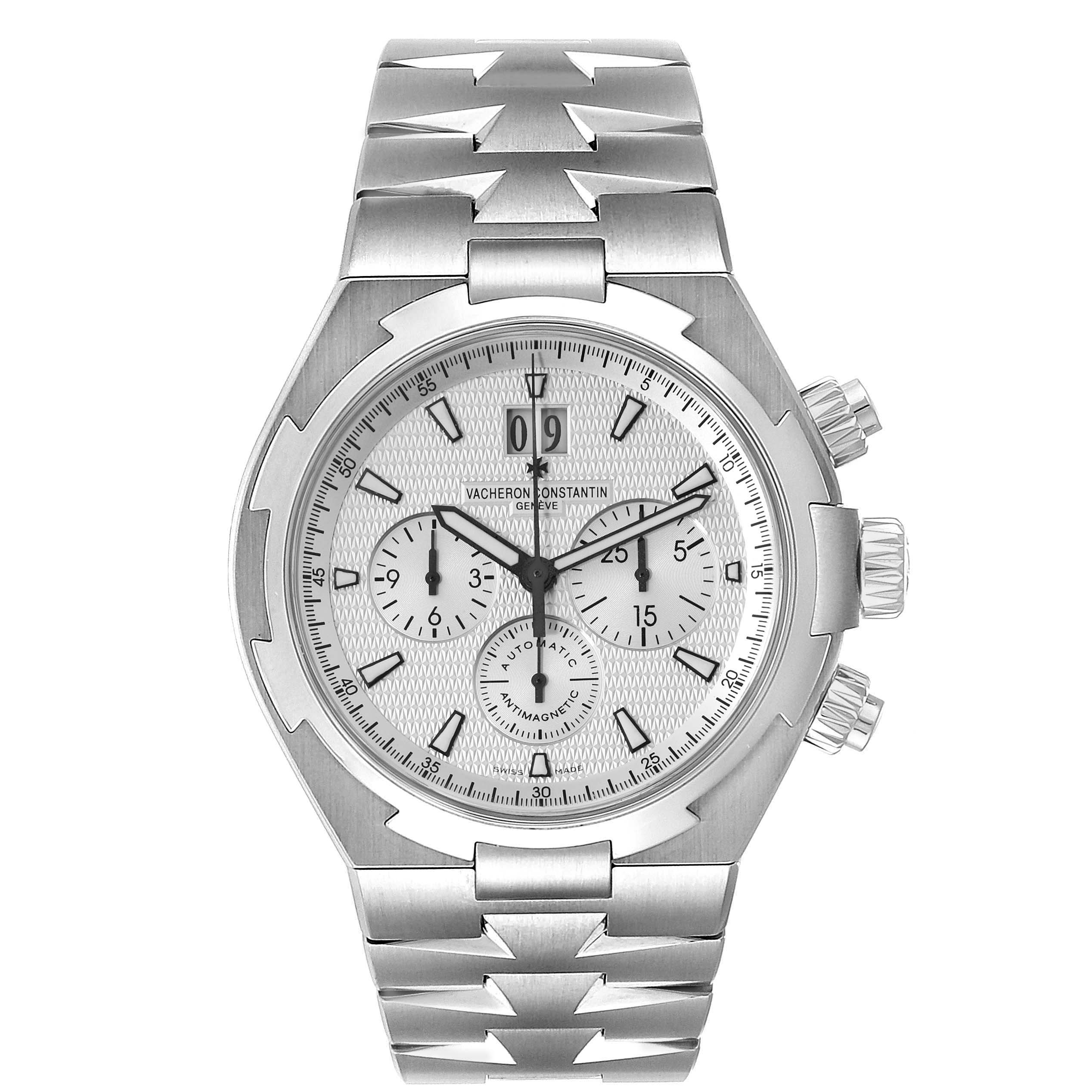 This image shows a straight-on view of a Vacheron Constantin Overseas 49150 Men
s Stainless Steel Silver Dial 49150 Men
s Stainless Steel Silver Dial model watch, displaying the face, crown, pushers, and bracelet.