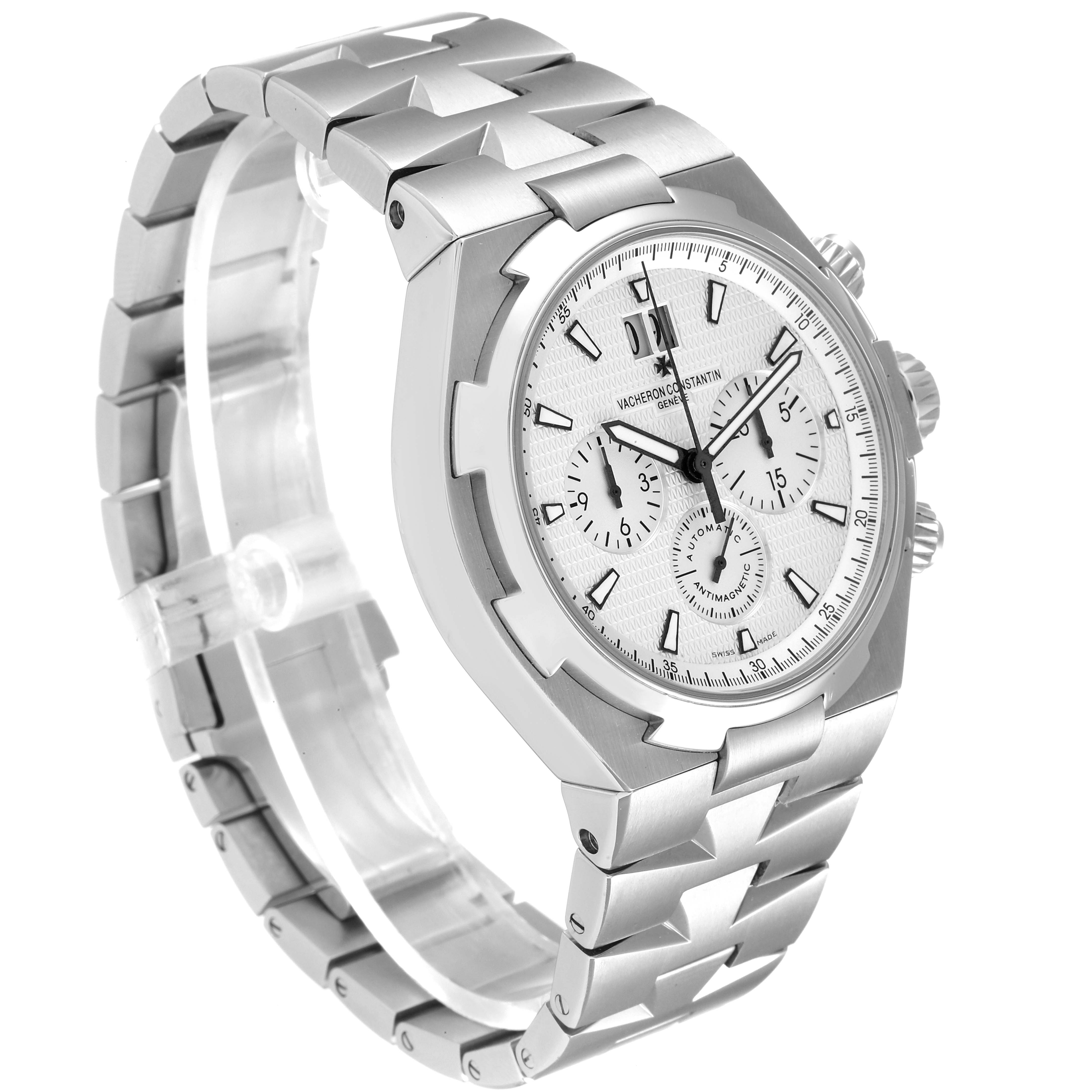 The Vacheron Constantin Overseas 49150 Men
s Stainless Steel Silver Dial 49150 Men
s Stainless Steel Silver Dial watch is shown at a front-side angle, highlighting the bezel, dial, case, and bracelet.