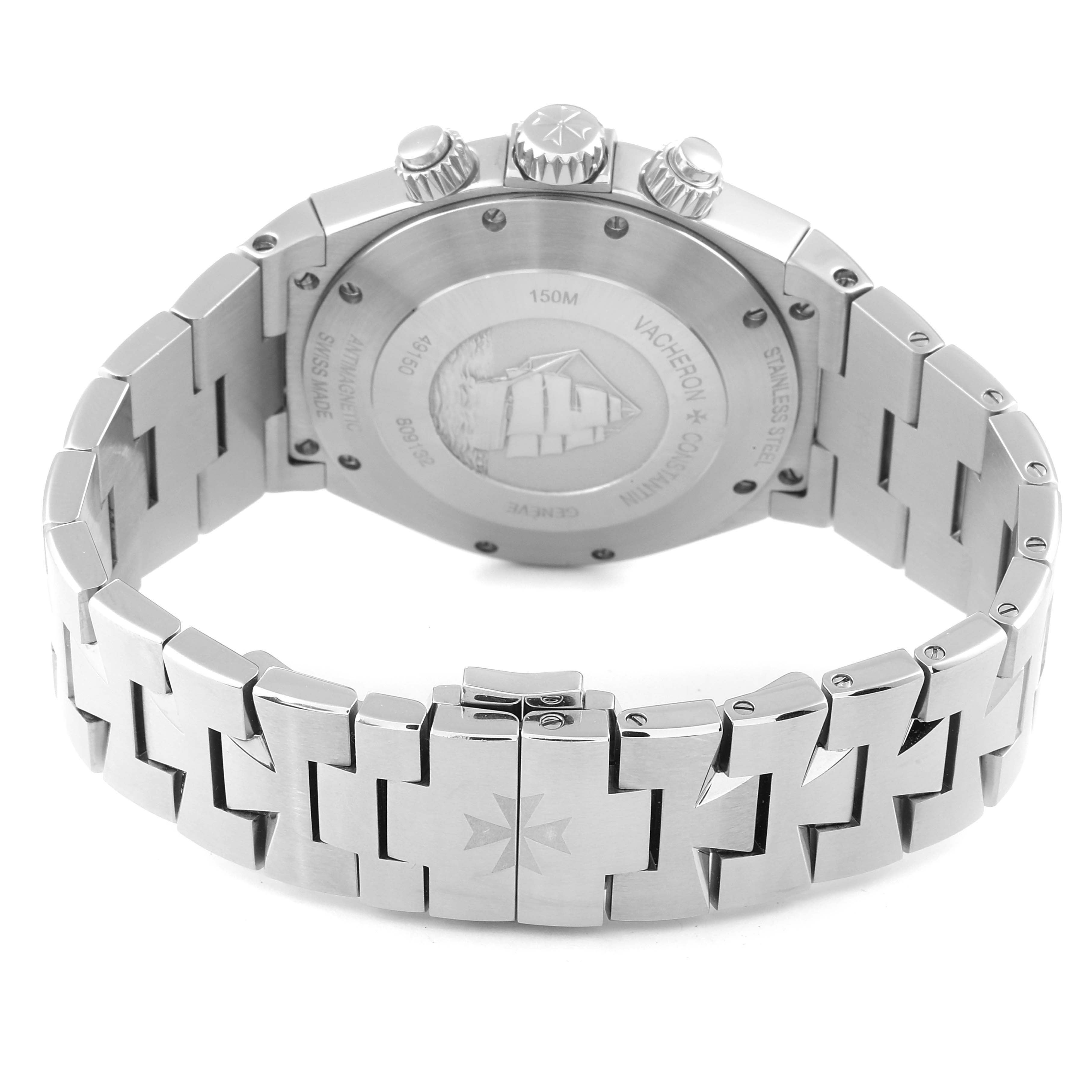 This image shows the back, clasp, and part of the bracelet of the Vacheron Constantin Overseas 49150 Men
s Stainless Steel Silver Dial 49150 Men
s Stainless Steel Silver Dial watch.