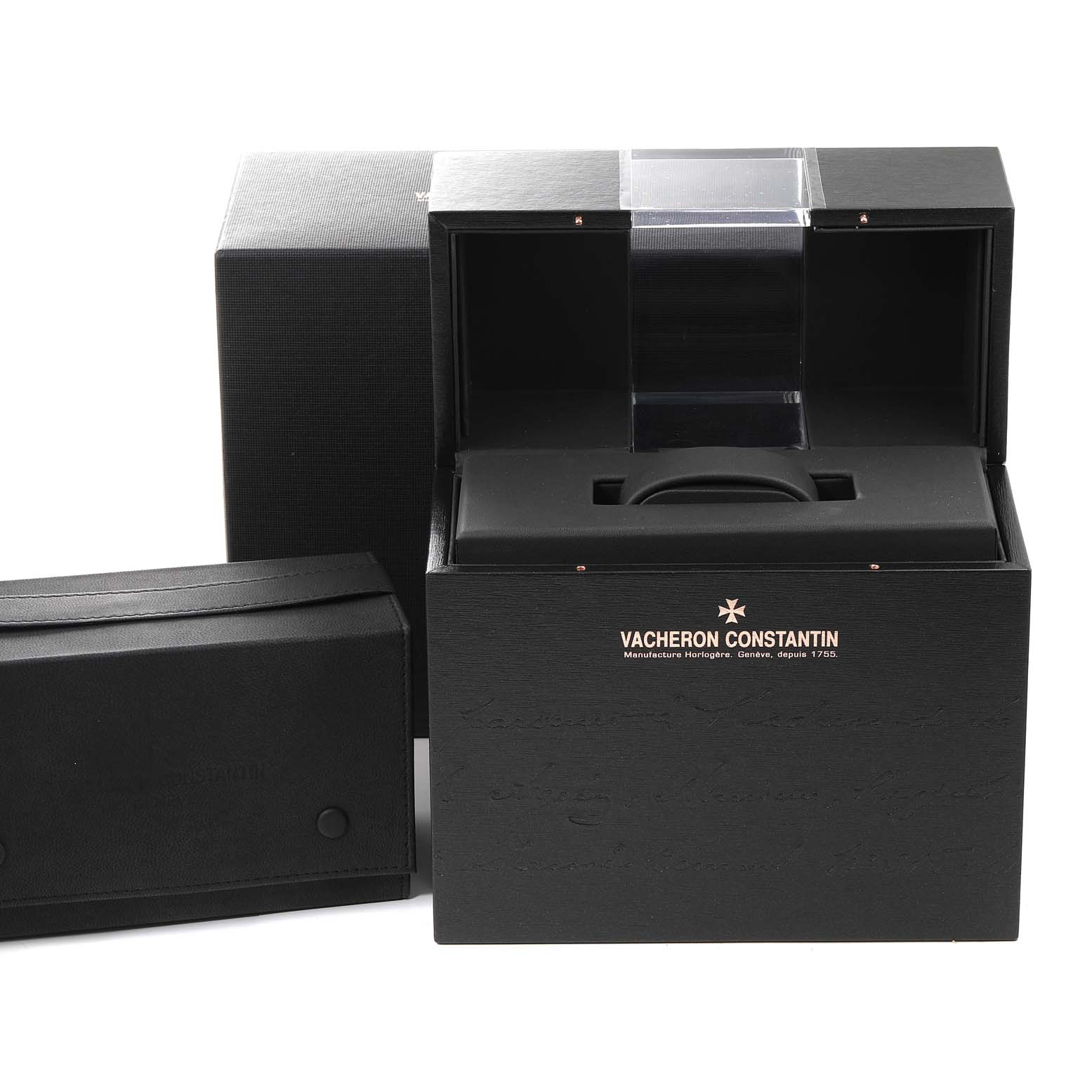 The image shows the packaging box and leather pouch for the Vacheron Constantin Overseas 49150 Men
s Stainless Steel Silver Dial 49150 Men
s Stainless Steel Silver Dial model watch, with the box lid open.