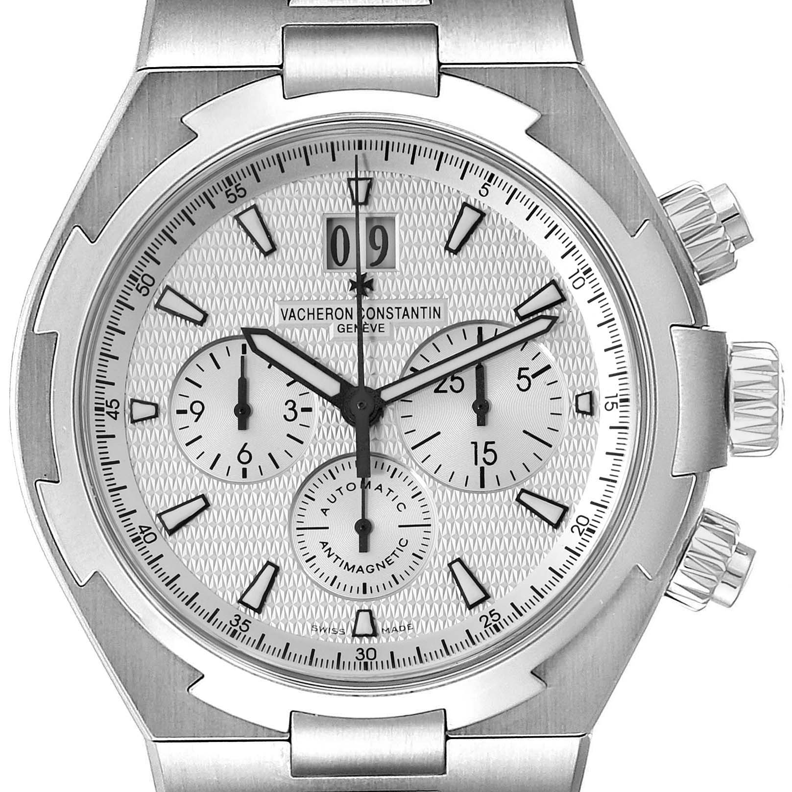 This image shows the front view of the Vacheron Constantin Overseas 49150 Men
s Stainless Steel Silver Dial 49150 Men
s Stainless Steel Silver Dial watch, highlighting the dial, chronographs, and crown.