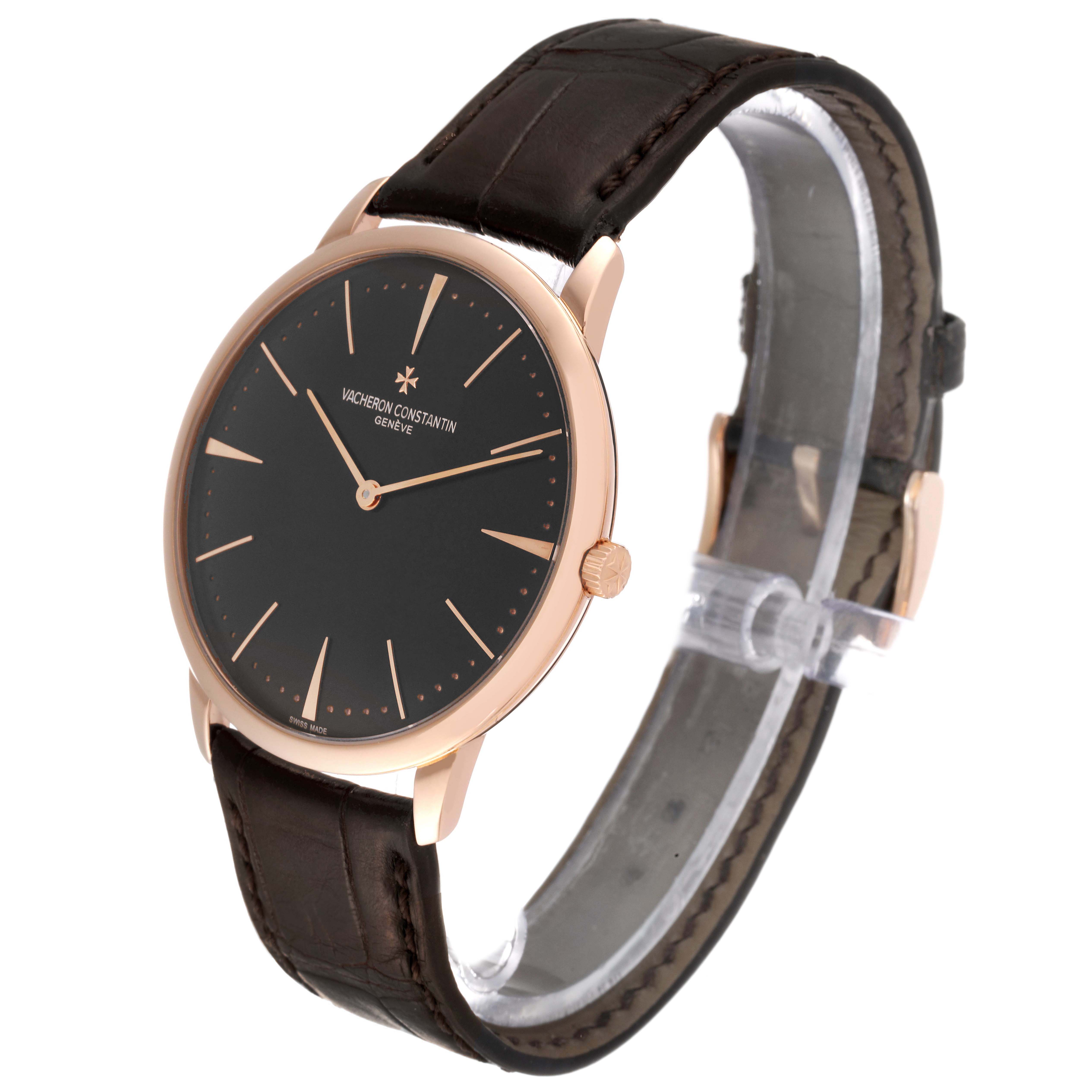 The Vacheron Constantin Patrimony 81180/000R Men's Rose Gold Brown Dial watch is shown at a slight angle, displaying the dial, case, crown, and strap.