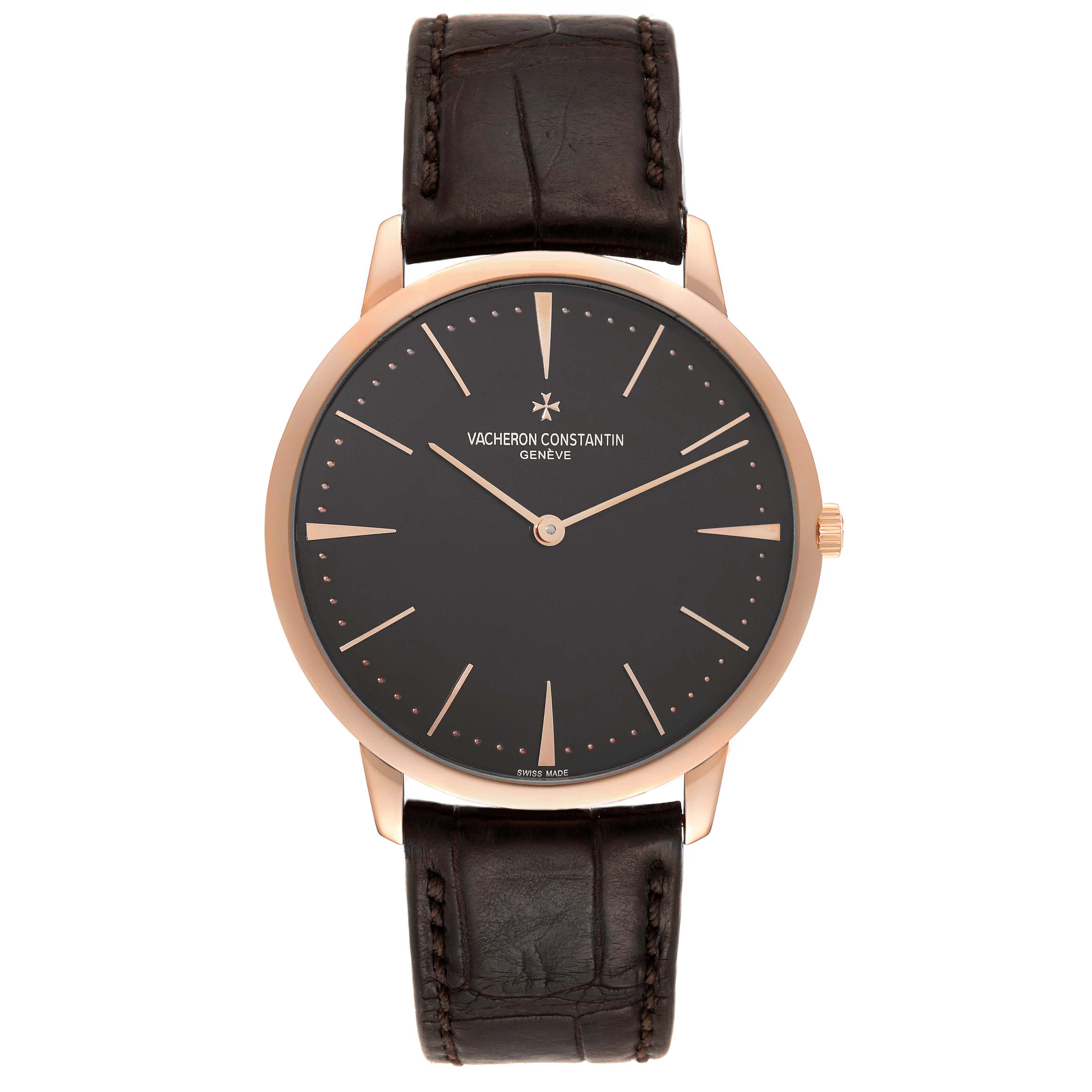 The Vacheron Constantin Patrimony 81180/000R Men's Rose Gold Brown Dial watch is shown from a front angle, displaying the dial, hands, and leather strap.
