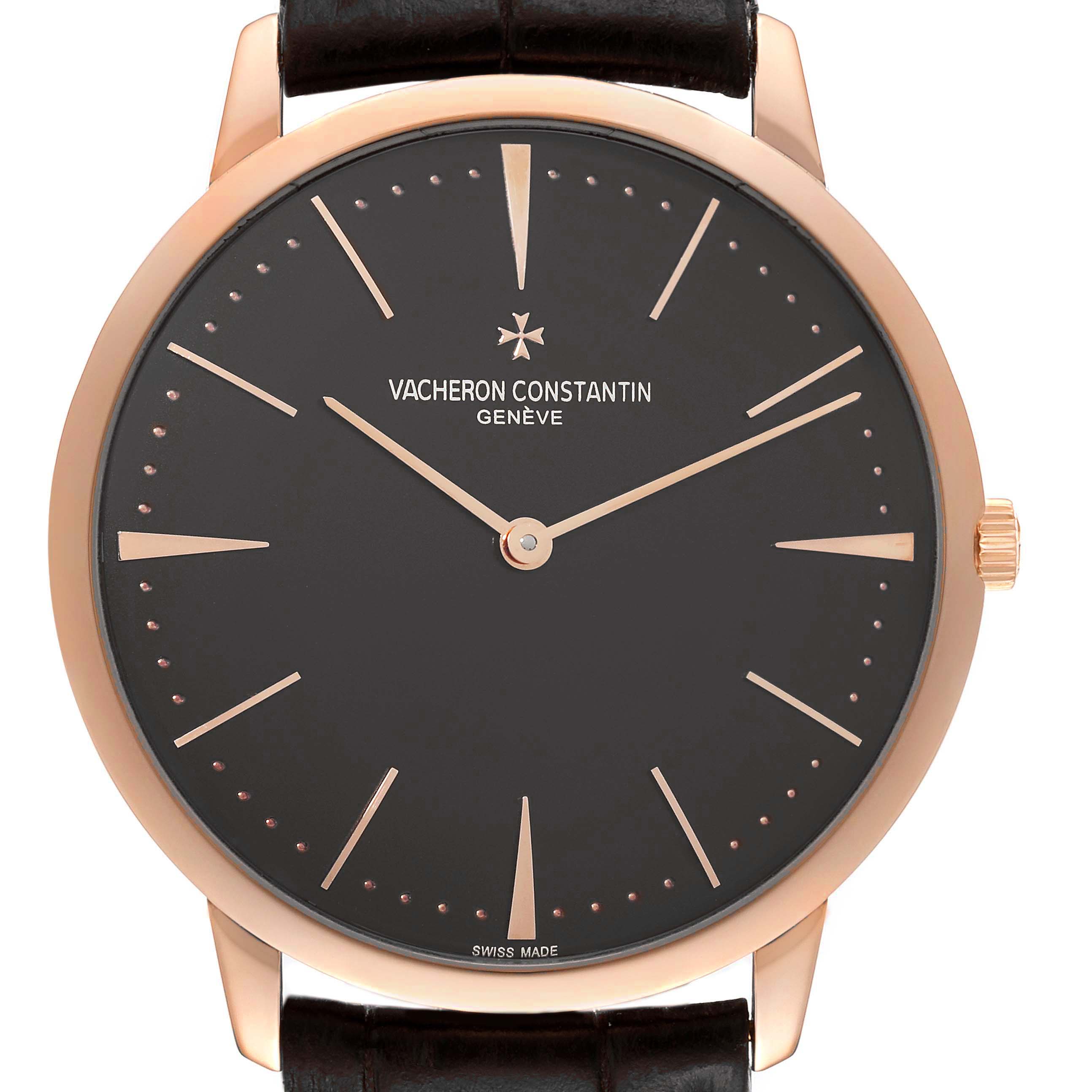 The Vacheron Constantin Patrimony 81180/000R Men's Rose Gold Brown Dial watch is shown from a front angle, displaying its dial, hands, and crown.
