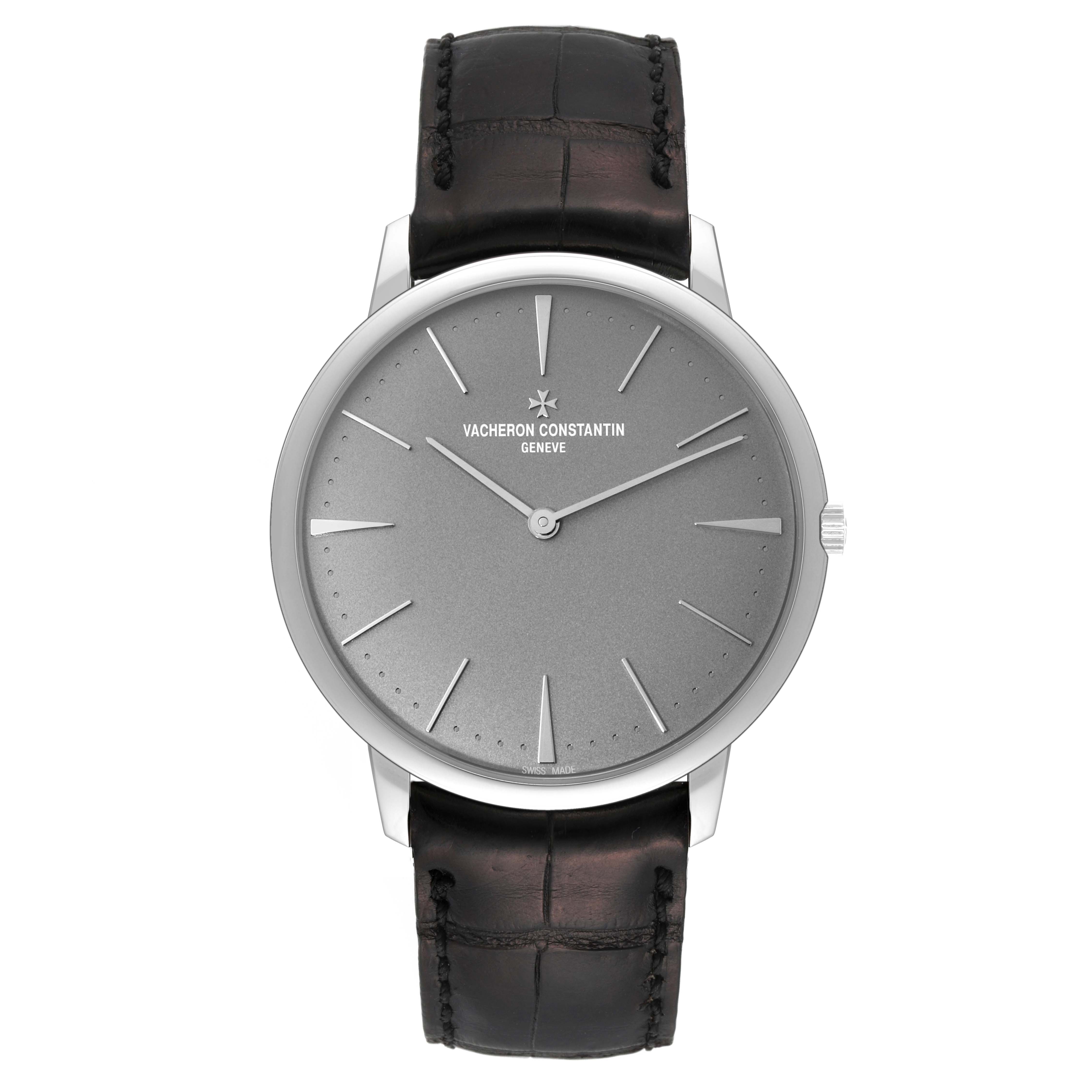 The image shows a front view of the Vacheron Constantin Patrimony 81180 Men's Platinum Grey Dial 81180 Men's Platinum Grey Dial watch, highlighting its dial, hands, and leather strap.
