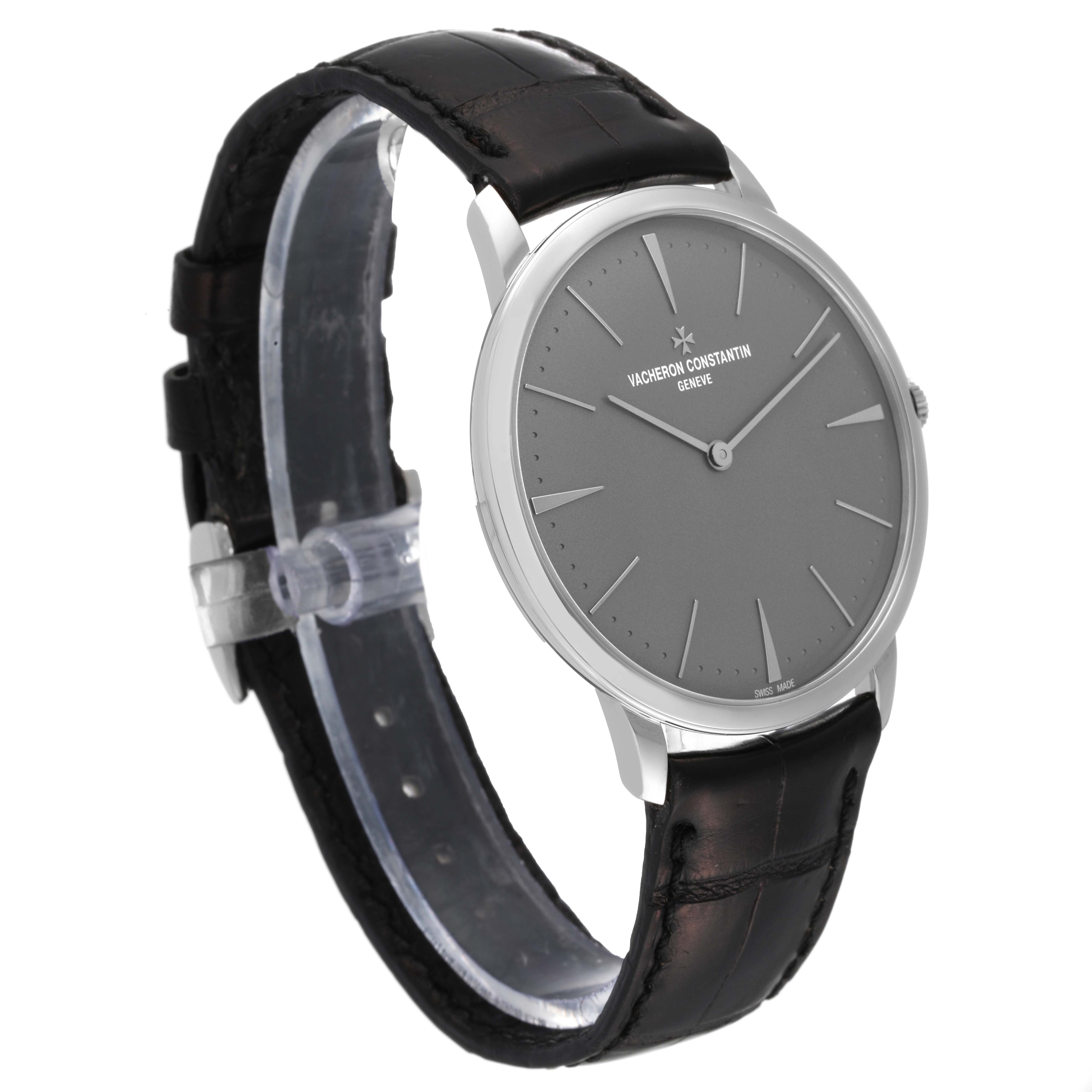 The image shows a Vacheron Constantin Patrimony 81180 Men's Platinum Grey Dial 81180 Men's Platinum Grey Dial watch at a slight angle, highlighting its face, leather strap, and side profile.