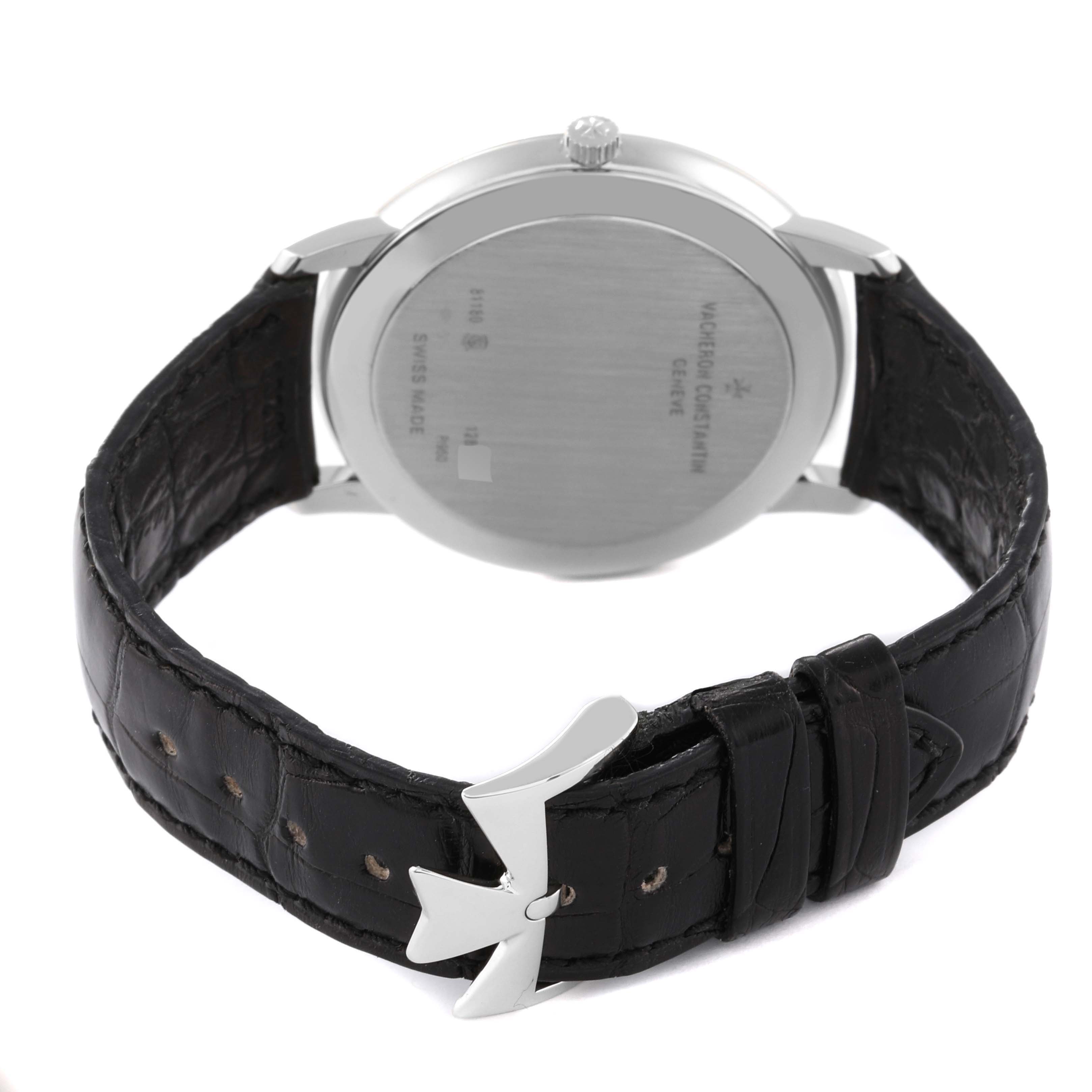 The image shows the back view of a Vacheron Constantin Patrimony 81180 Men's Platinum Grey Dial 81180 Men's Platinum Grey Dial watch, focusing on the black leather strap and clasp.