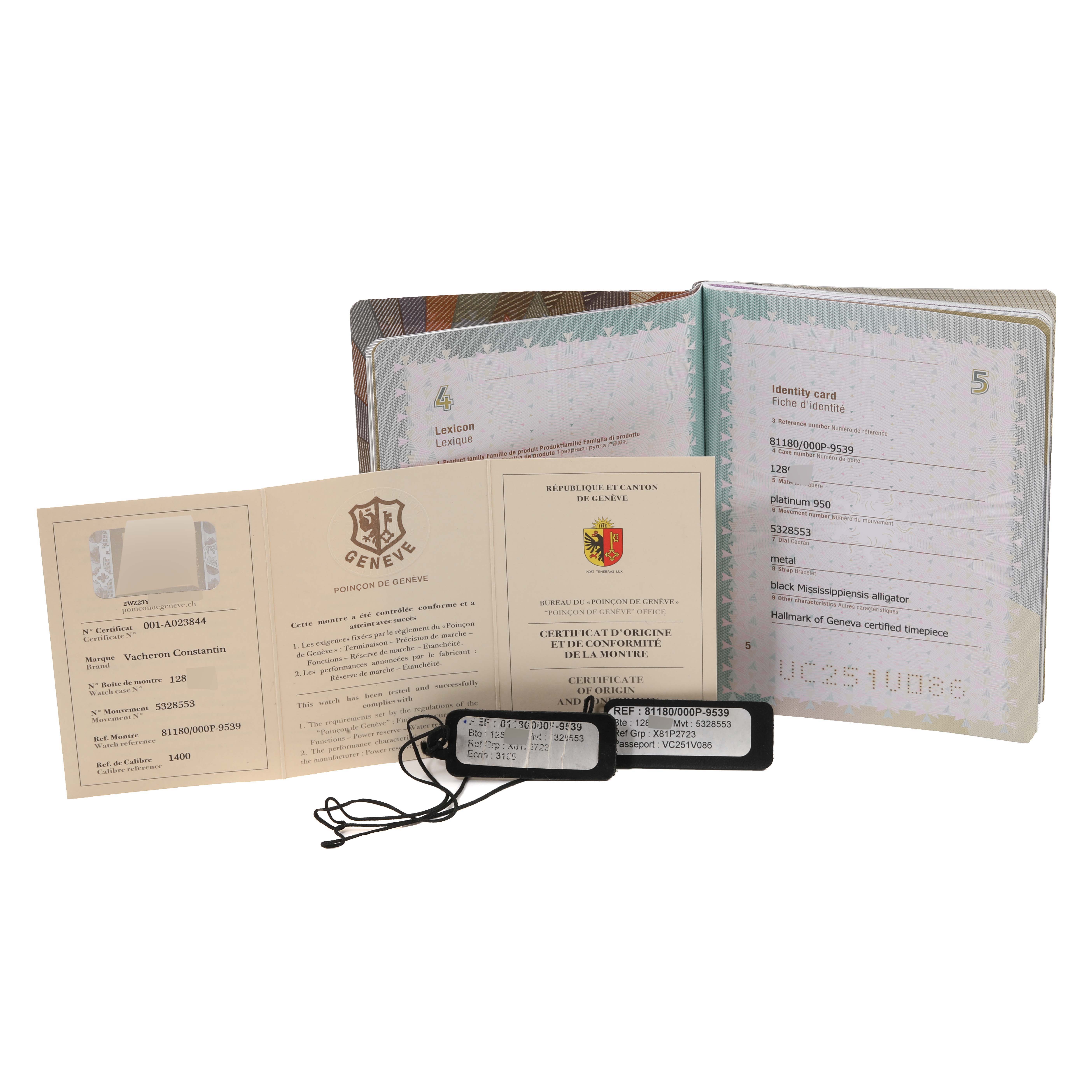 The image shows certificates and tags for the Vacheron Constantin Patrimony 81180 Men's Platinum Grey Dial 81180 Men's Platinum Grey Dial model watch.