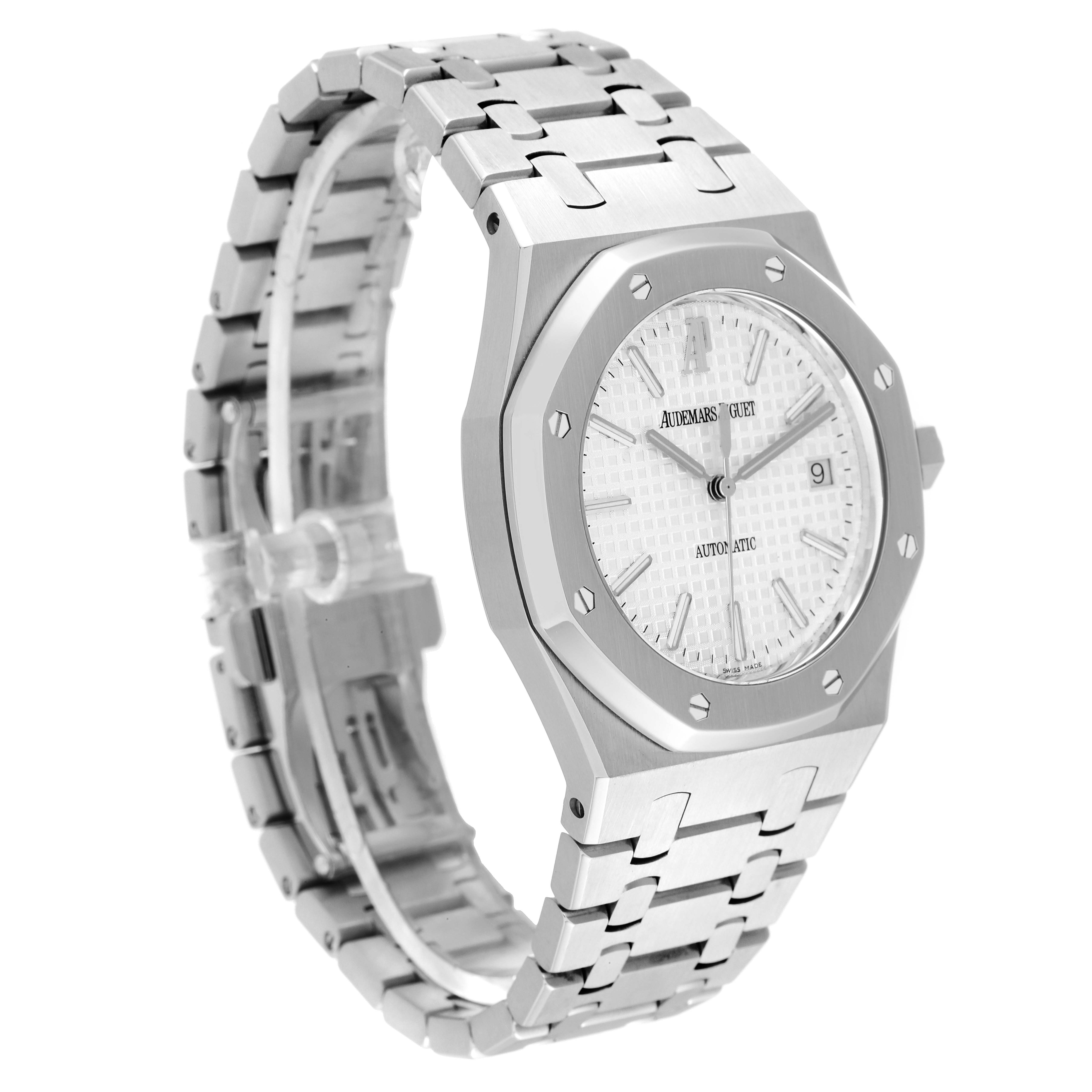 The Audemars Piguet Royal Oak 15300ST.00.1220ST.01 Men's Stainless Steel Silver Dial 15300ST.00.1220ST.01 Men's Stainless Steel Silver Dial watch is shown at a slight left-side angle, displaying the dial, bezel, case, and bracelet.