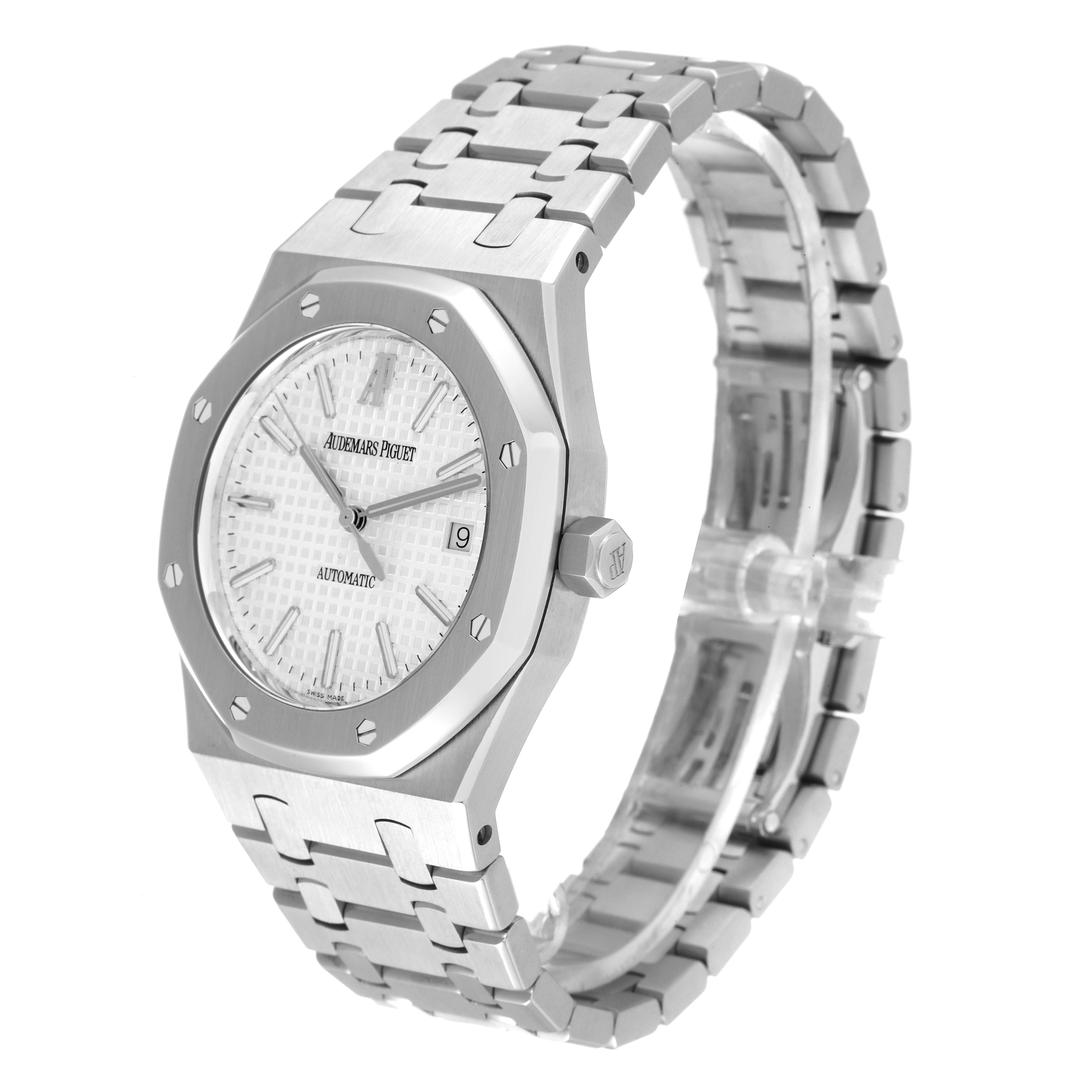 The image shows a side angle of the Audemars Piguet Royal Oak 15300ST.00.1220ST.01 Men's Stainless Steel Silver Dial 15300ST.00.1220ST.01 Men's Stainless Steel Silver Dial watch, highlighting its bracelet, bezel, and dial.