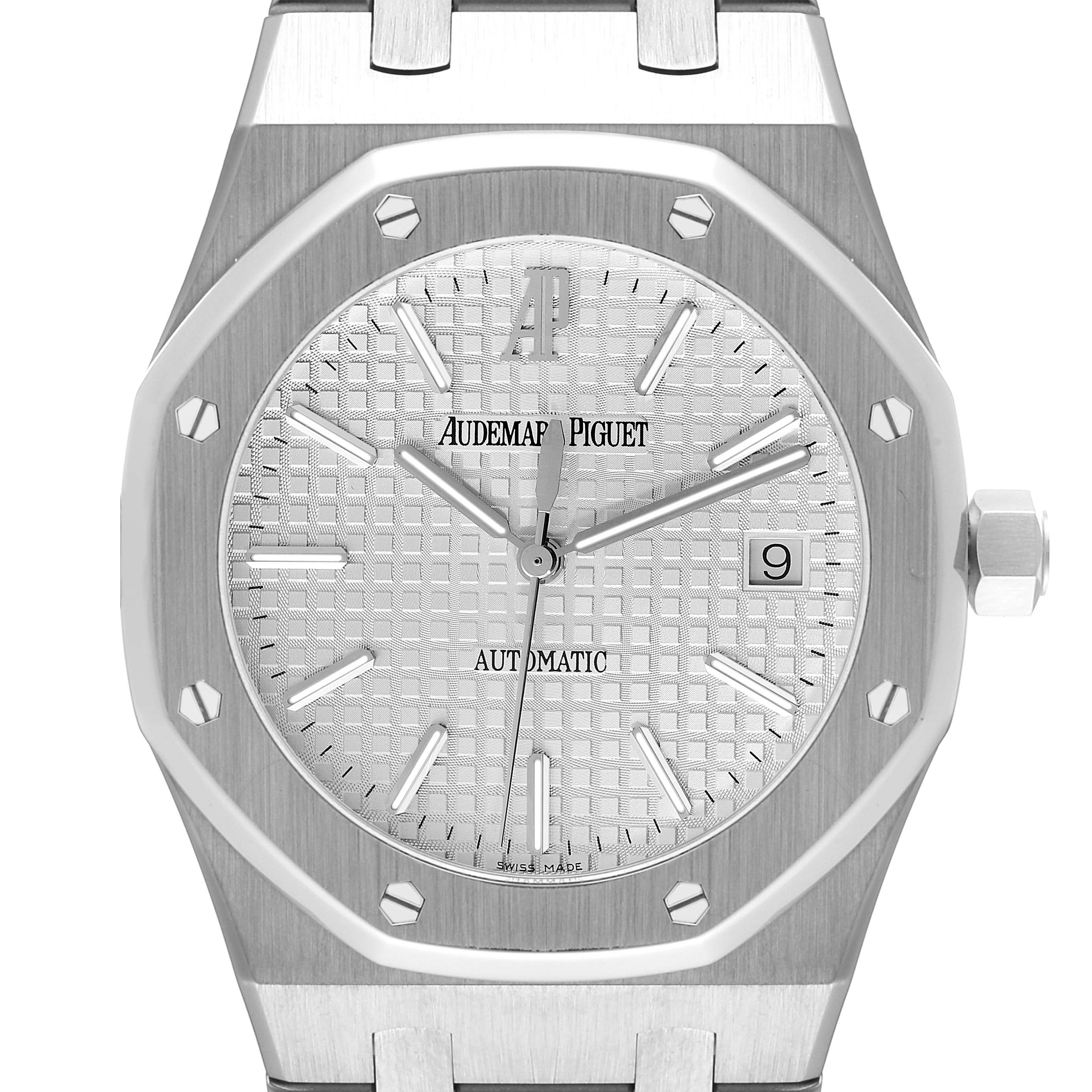 This image shows a front view of the Audemars Piguet Royal Oak 15300ST.00.1220ST.01 Men's Stainless Steel Silver Dial 15300ST.00.1220ST.01 Men's Stainless Steel Silver Dial watch, highlighting its dial, bezel, and crown.