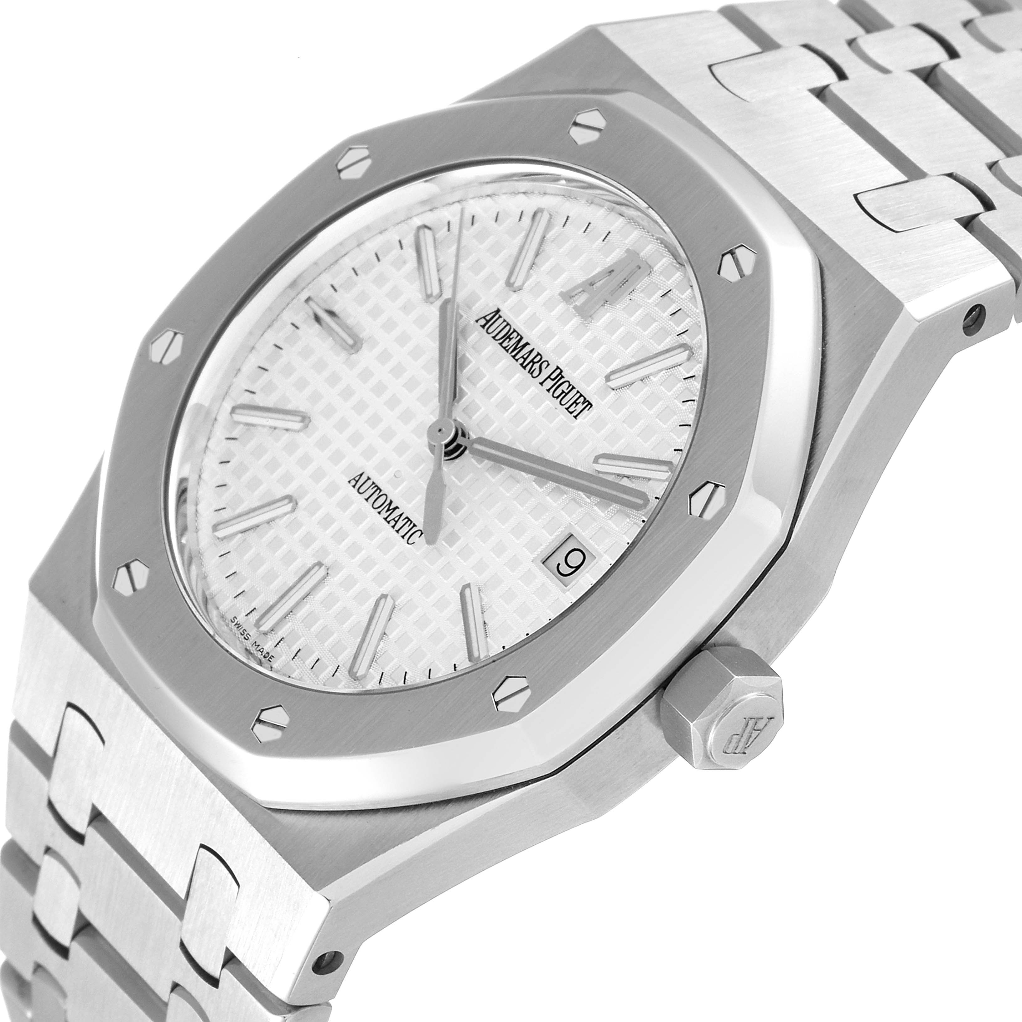 The image shows a close-up of the dial, bezel, and part of the bracelet of the Audemars Piguet Royal Oak 15300ST.00.1220ST.01 Men's Stainless Steel Silver Dial 15300ST.00.1220ST.01 Men's Stainless Steel Silver Dial watch.