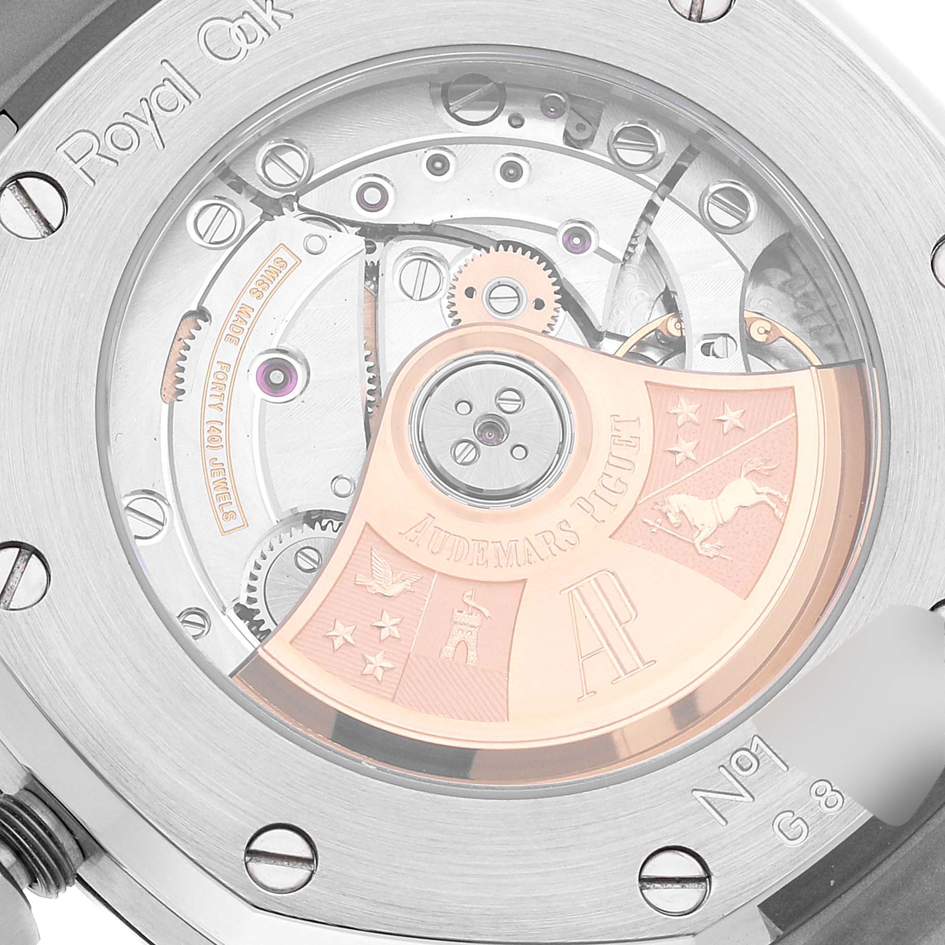 This image shows the transparent case back of a Royal Oak watch by Audemars Piguet, revealing its intricate mechanical movement.