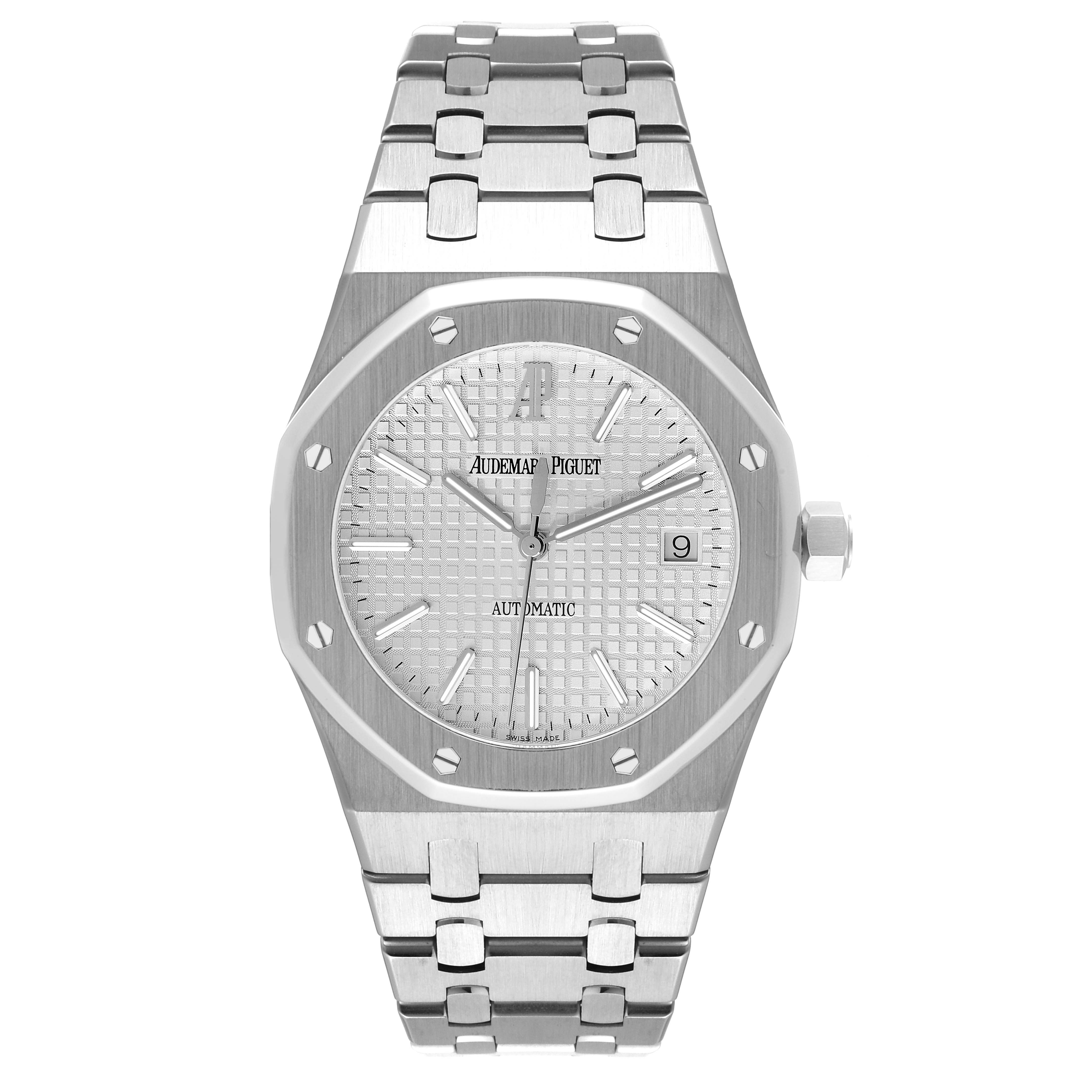 The image shows a front view of the Audemars Piguet Royal Oak 15300ST.00.1220ST.01 Men's Stainless Steel Silver Dial 15300ST.00.1220ST.01 Men's Stainless Steel Silver Dial watch, featuring its dial, bezel, and bracelet.