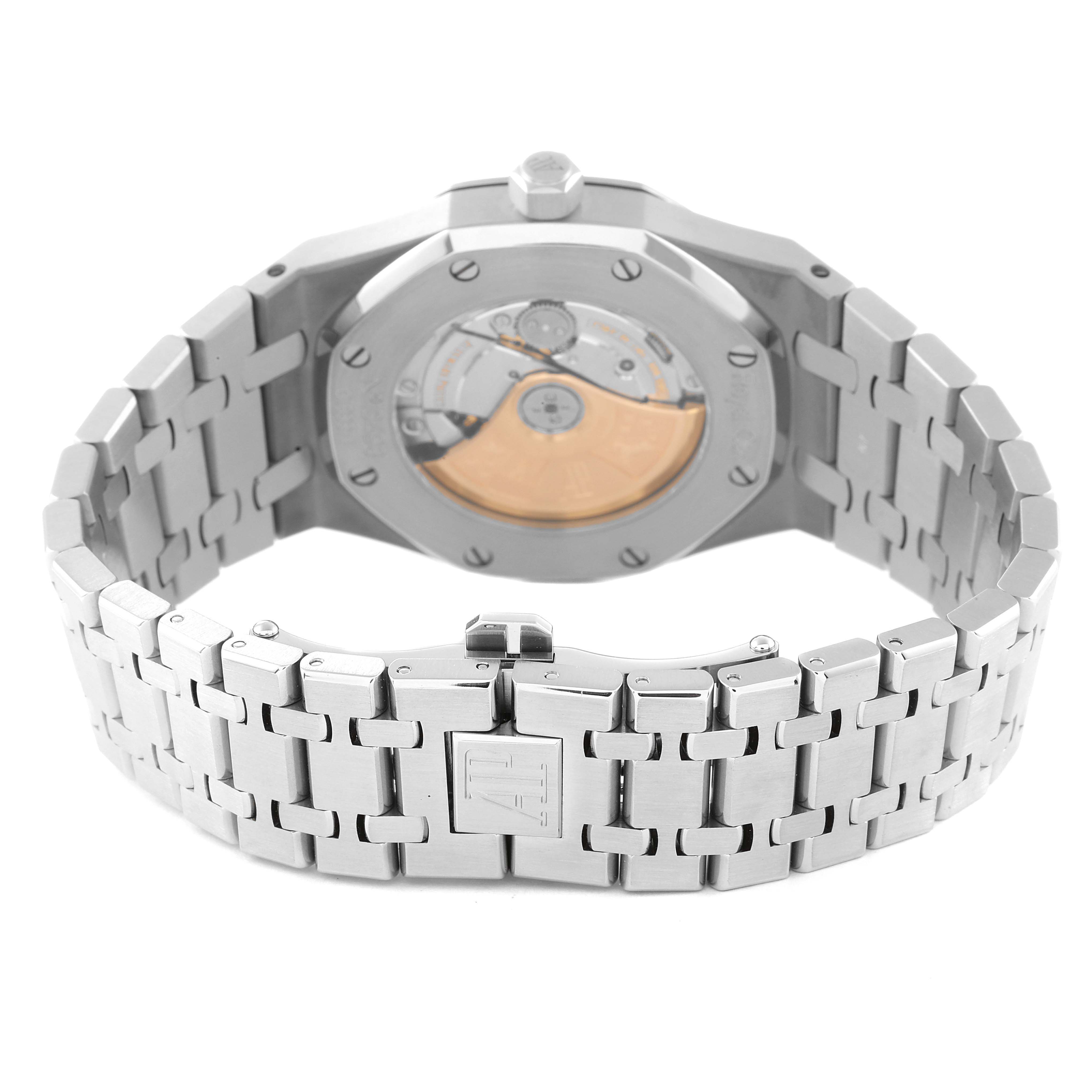 The image shows the back view of an Audemars Piguet Royal Oak 15300ST.00.1220ST.01 Men's Stainless Steel Silver Dial 15300ST.00.1220ST.01 Men's Stainless Steel Silver Dial watch, highlighting its case back, clasp, and bracelet.