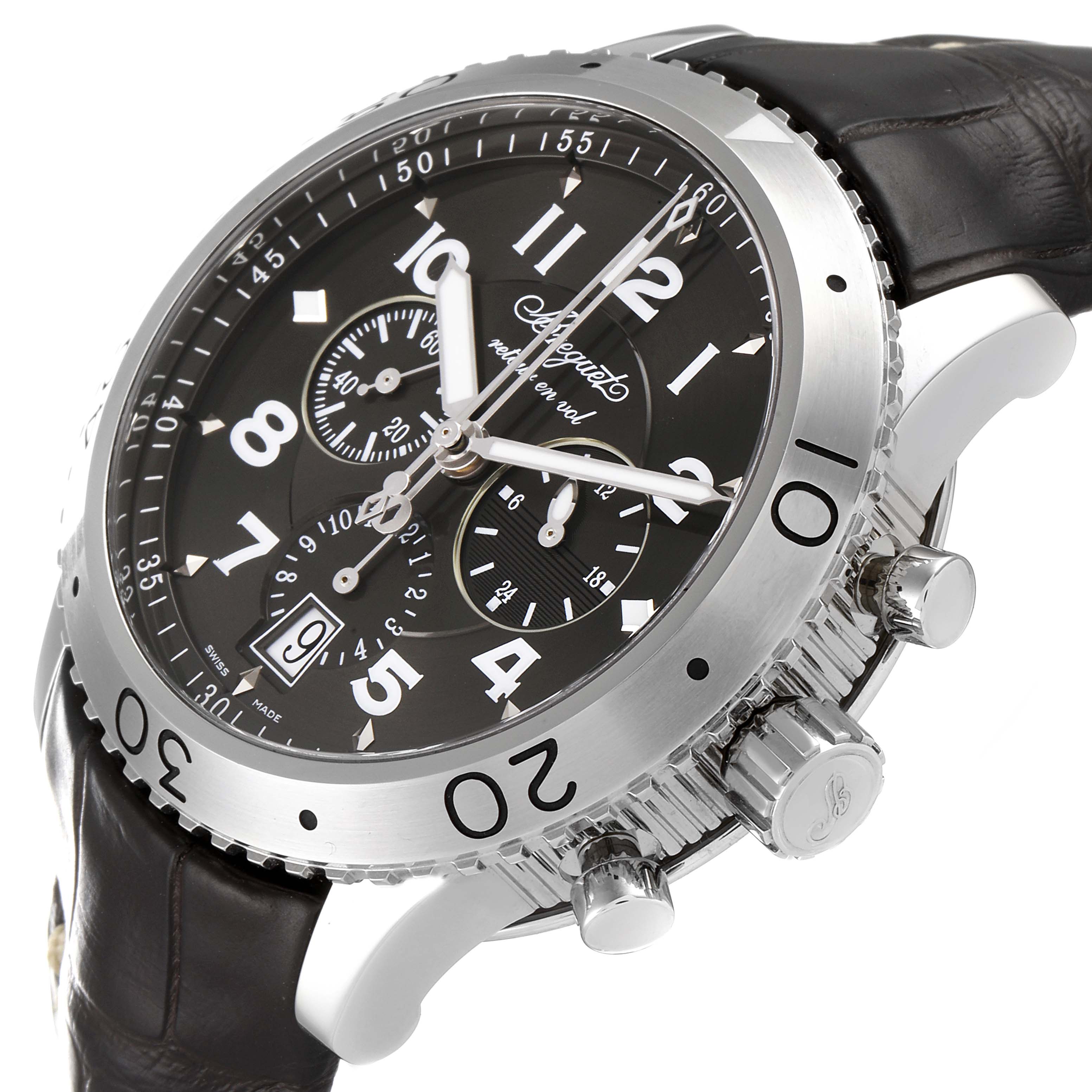 This image shows a Breguet Type XX - XXI - XXII 3810ST/92/9ZU Men's Stainless Steel Silver Dial 3810ST/92/9ZU Men's Stainless Steel Silver Dial watch at an angled view highlighting the dial, bezel, crown, and pushers.