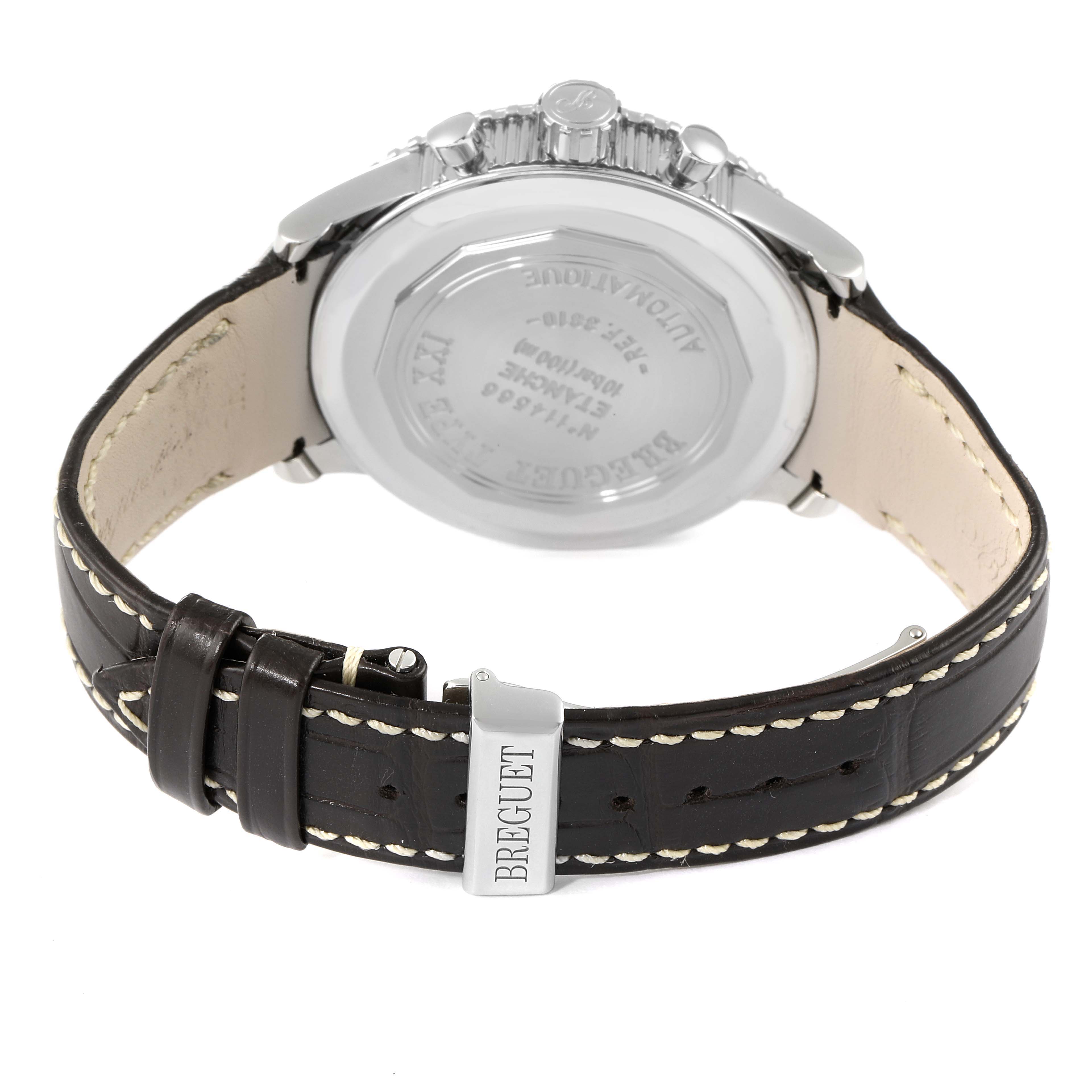 The image shows the back view and strap of the Breguet Type XX - XXI - XXII 3810ST/92/9ZU Men's Stainless Steel Silver Dial 3810ST/92/9ZU Men's Stainless Steel Silver Dial model watch.