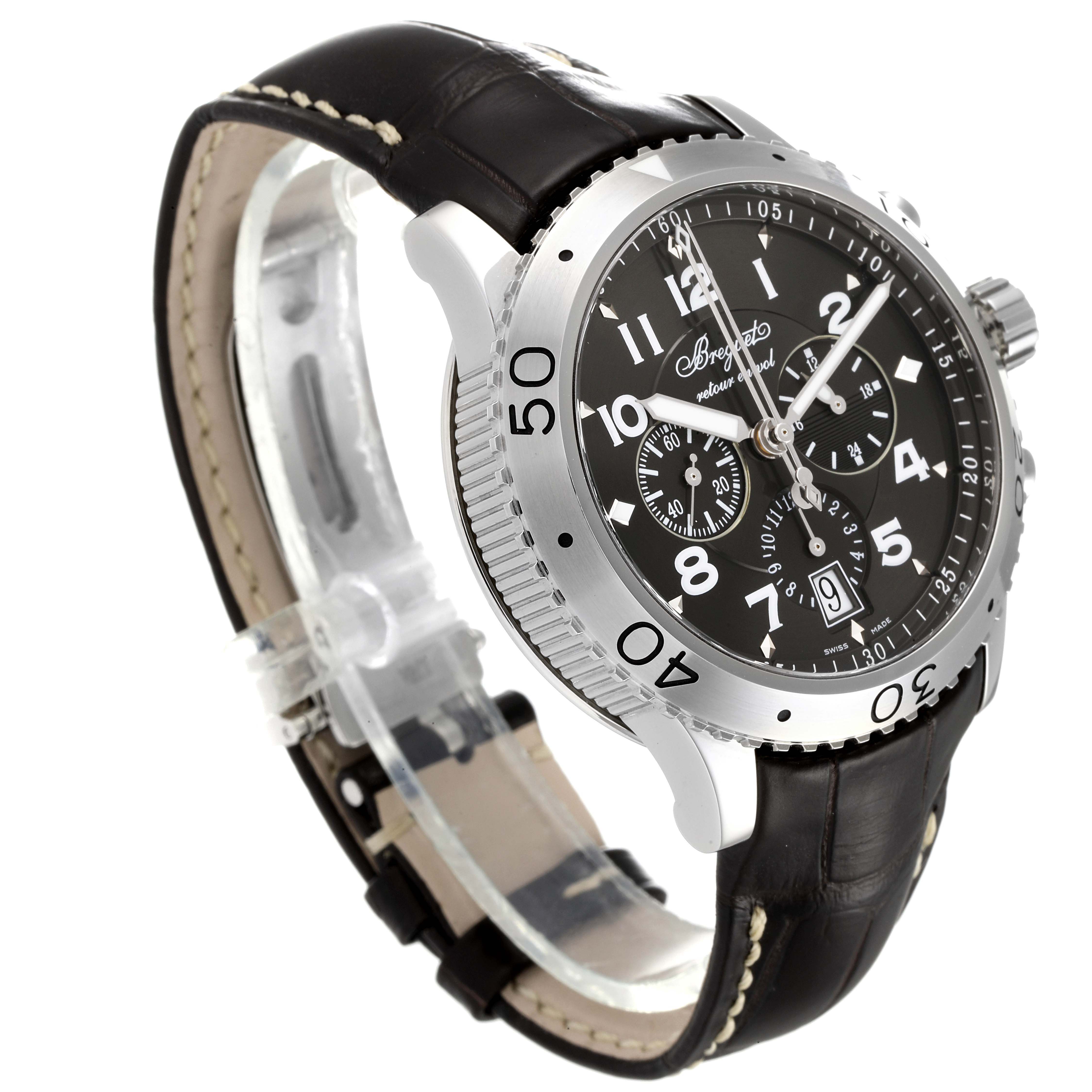 This image shows the Breguet Type XX - XXI - XXII 3810ST/92/9ZU Men's Stainless Steel Silver Dial 3810ST/92/9ZU Men's Stainless Steel Silver Dial watch at an angle highlighting its dial, bezel, and leather strap.
