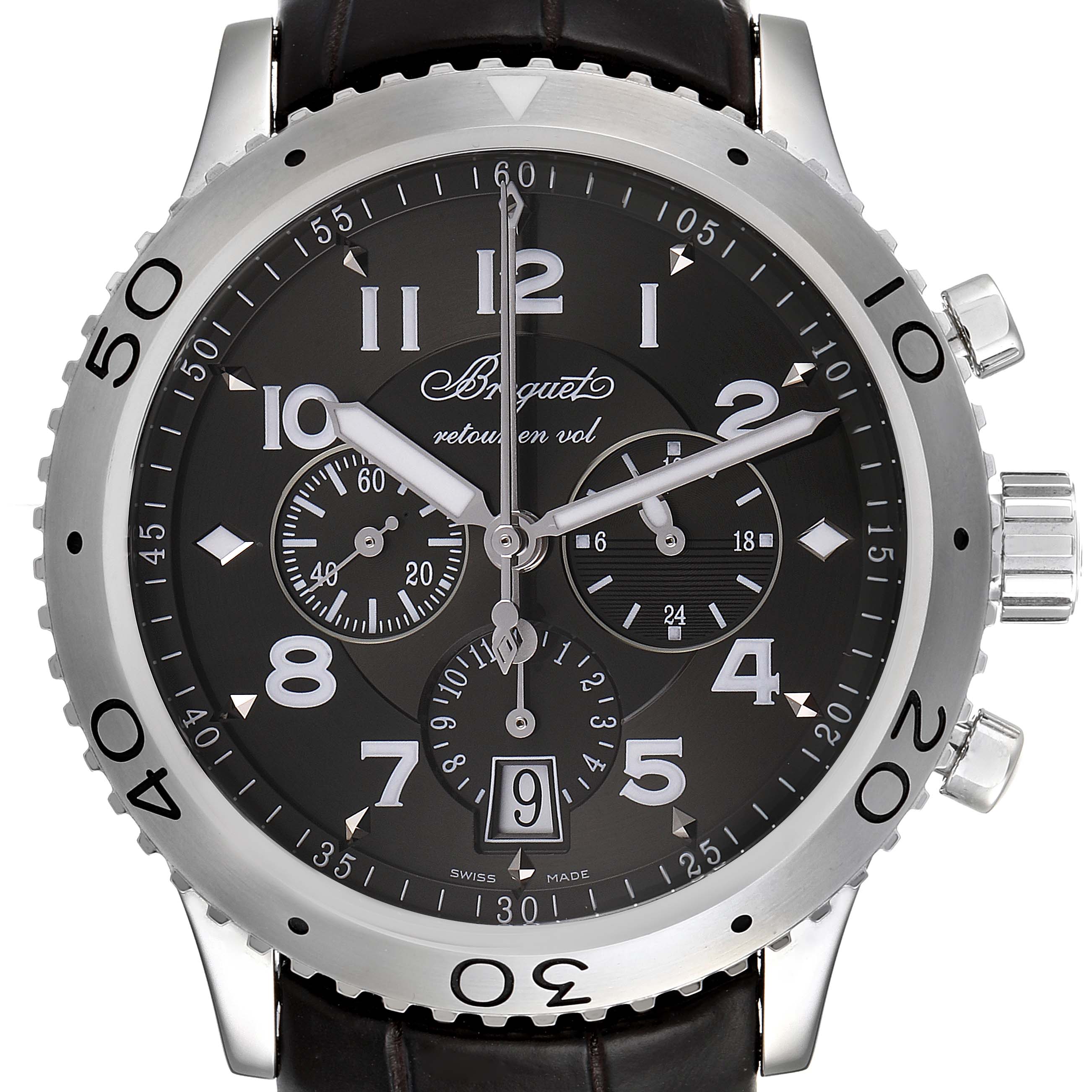 This image shows a front view of the Breguet Type XX - XXI - XXII 3810ST/92/9ZU Men's Stainless Steel Silver Dial 3810ST/92/9ZU Men's Stainless Steel Silver Dial watch, highlighting the dial, hands, numerals, and subdials.
