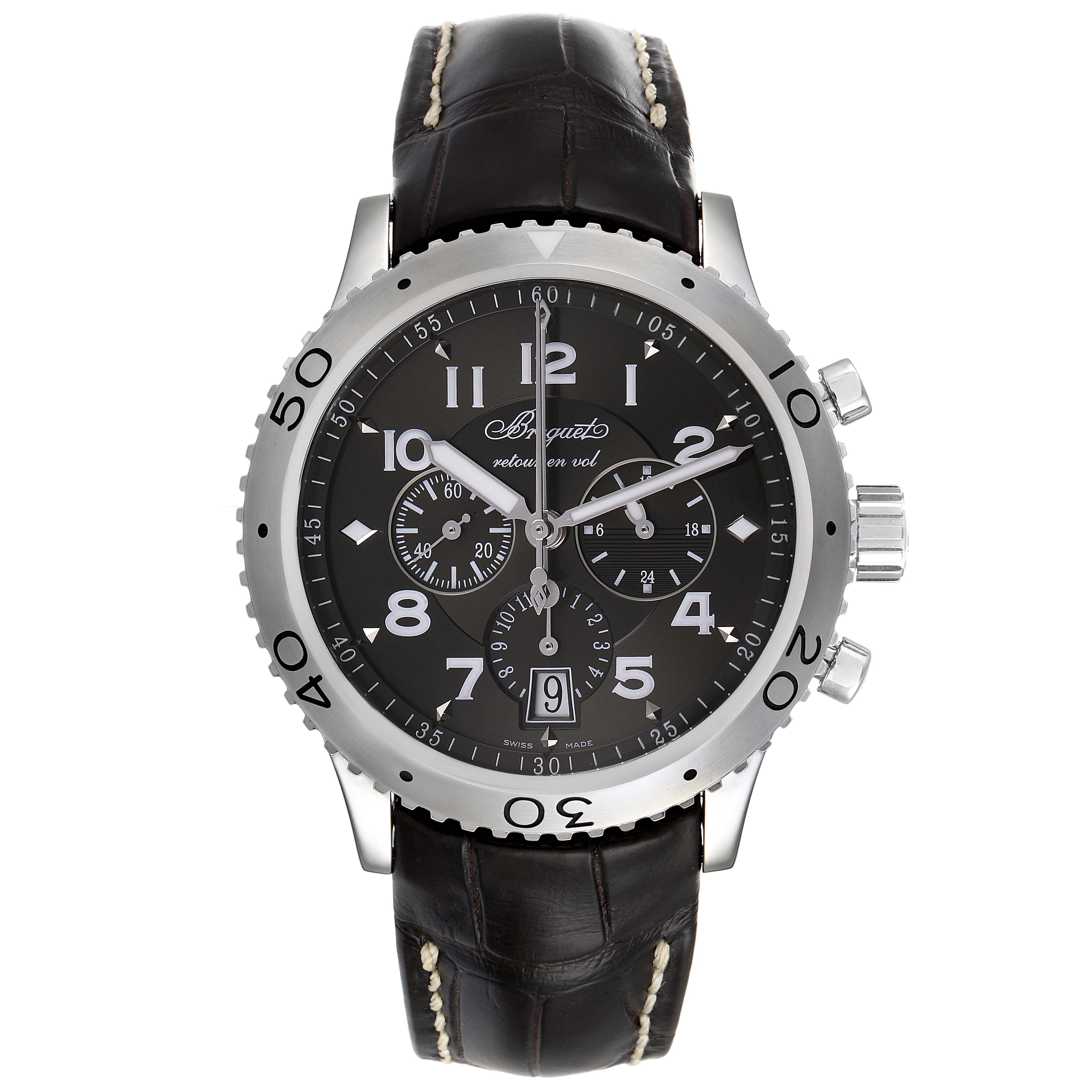 This Breguet Type XX - XXI - XXII 3810ST/92/9ZU Men's Stainless Steel Silver Dial 3810ST/92/9ZU Men's Stainless Steel Silver Dial model watch is shown from a front angle, highlighting the dial, bezel, and leather strap.