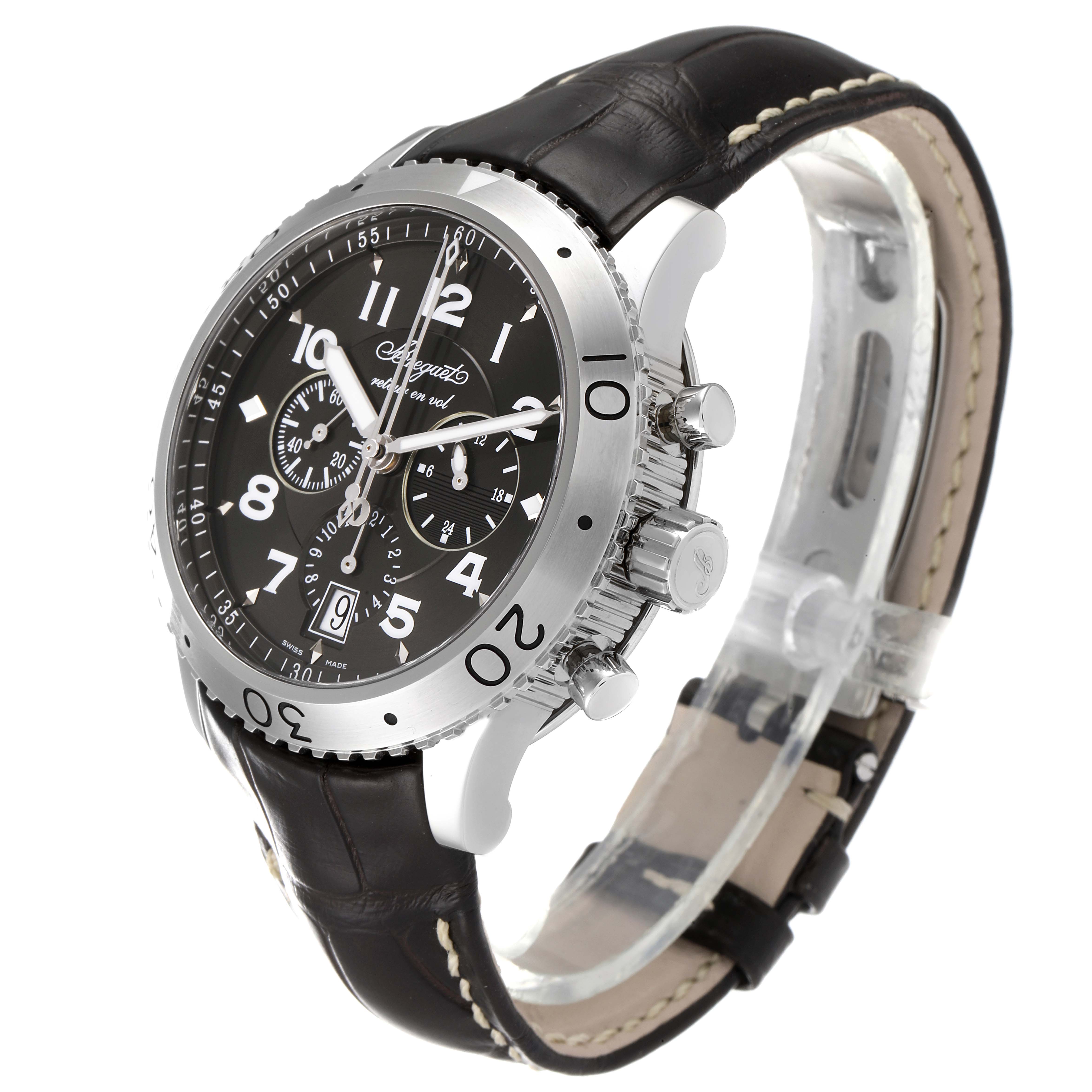 The image shows a Breguet Type XX - XXI - XXII 3810ST/92/9ZU Men's Stainless Steel Silver Dial 3810ST/92/9ZU Men's Stainless Steel Silver Dial watch from a three-quarter side angle, highlighting the dial, bezel, crown, and strap.