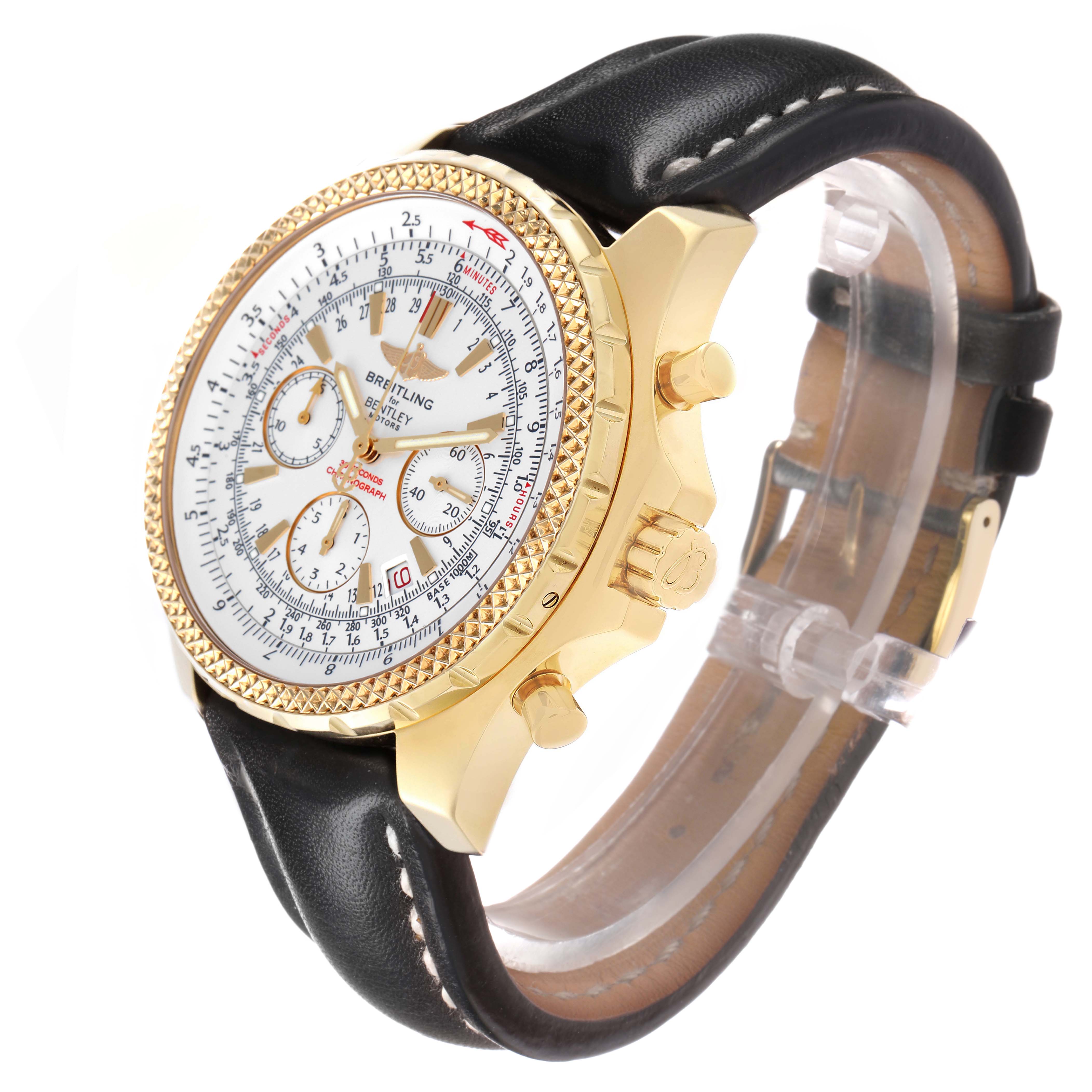 The Breitling Bentley K25362 Men's Yellow Gold White Dial watch is shown at a three-quarter angle, highlighting the gold case, white dial, and black leather strap.