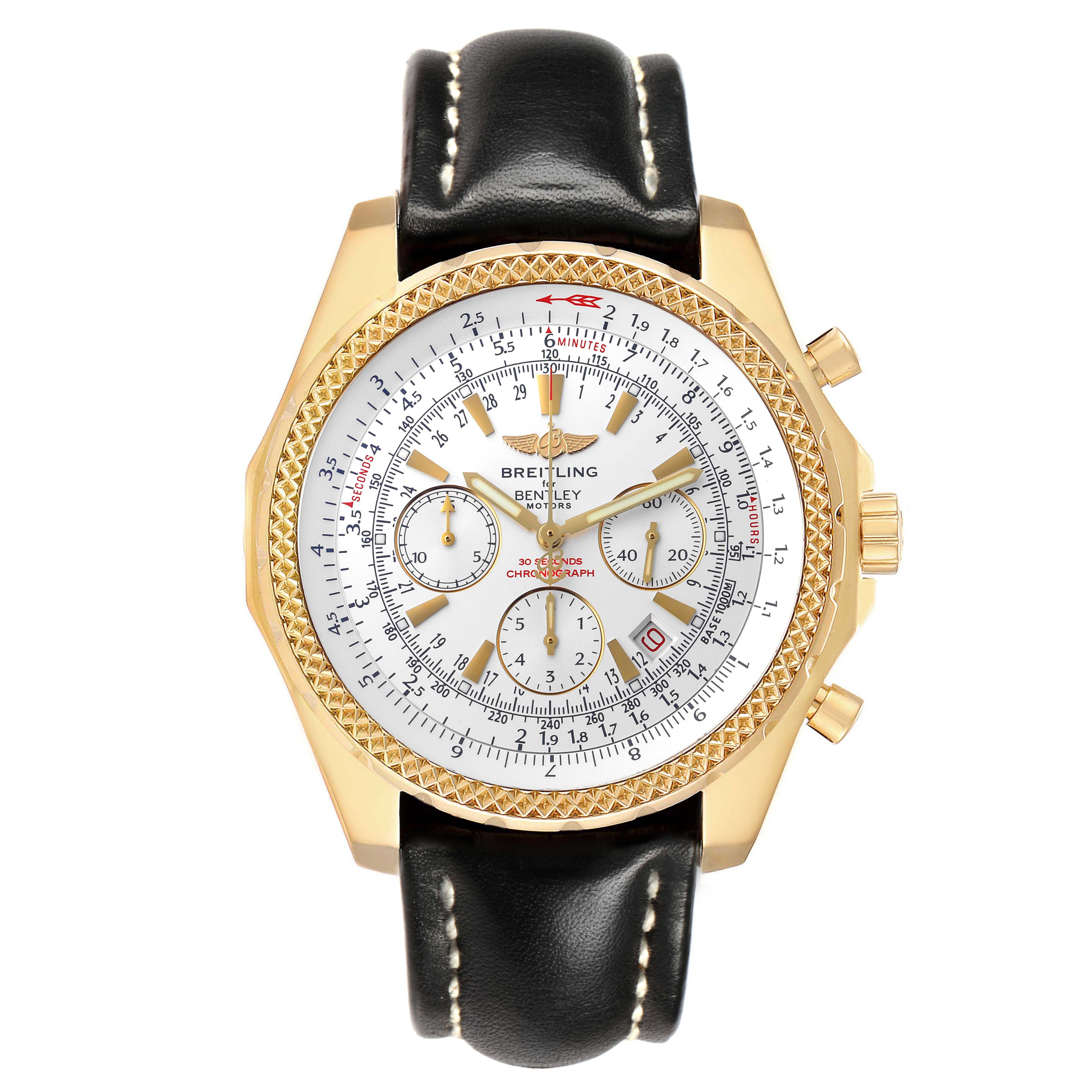 The Breitling Bentley K25362 Men's Yellow Gold White Dial watch is shown from a front angle, highlighting the face, bezel, and leather strap.