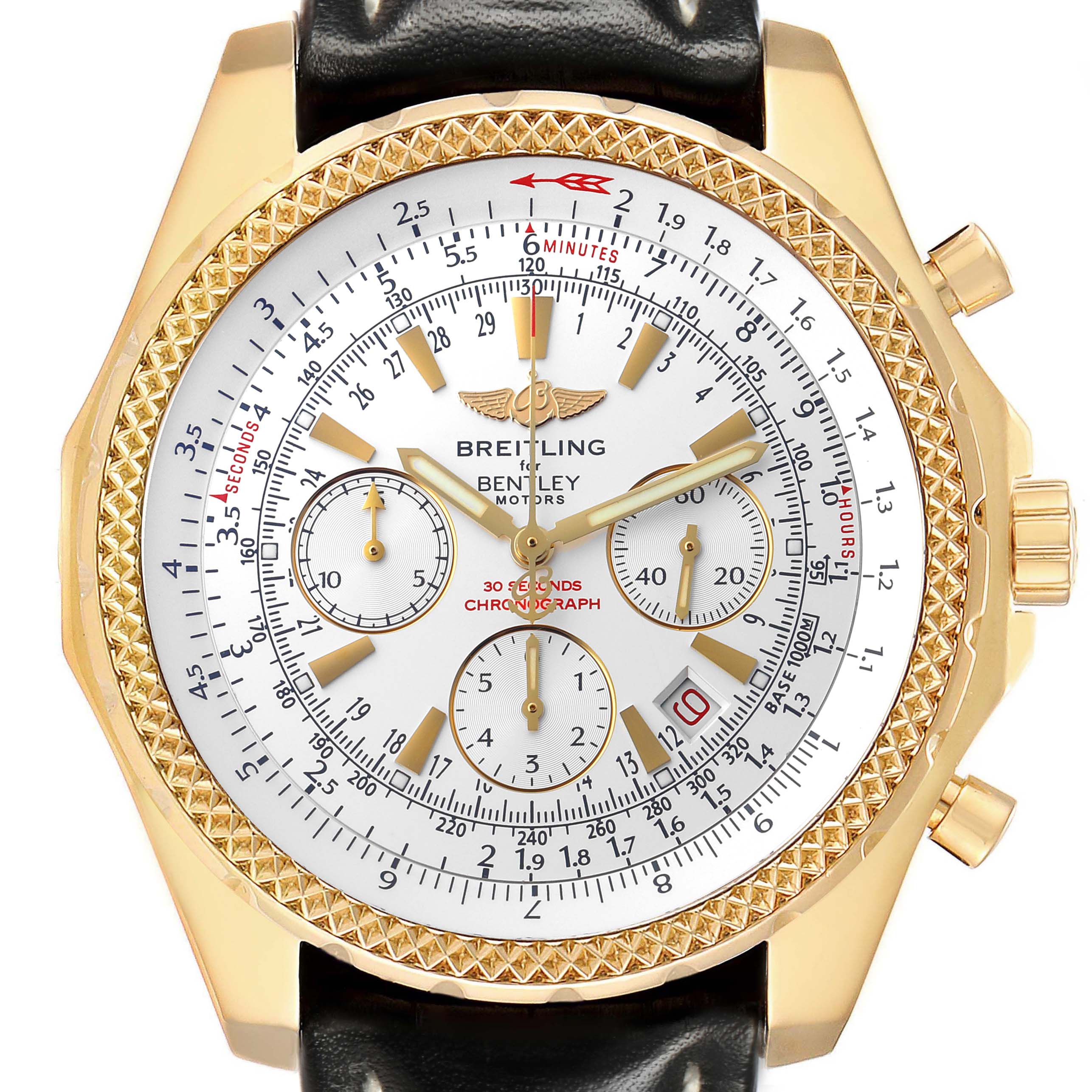 The Bentley by Breitling is shown from the front, highlighting the dial, subdials, bezel, and crown.