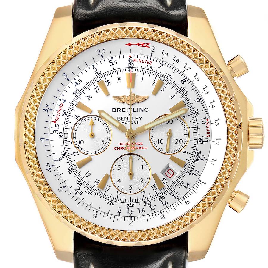 The Bentley by Breitling is shown from the front, highlighting the dial, subdials, bezel, and crown.