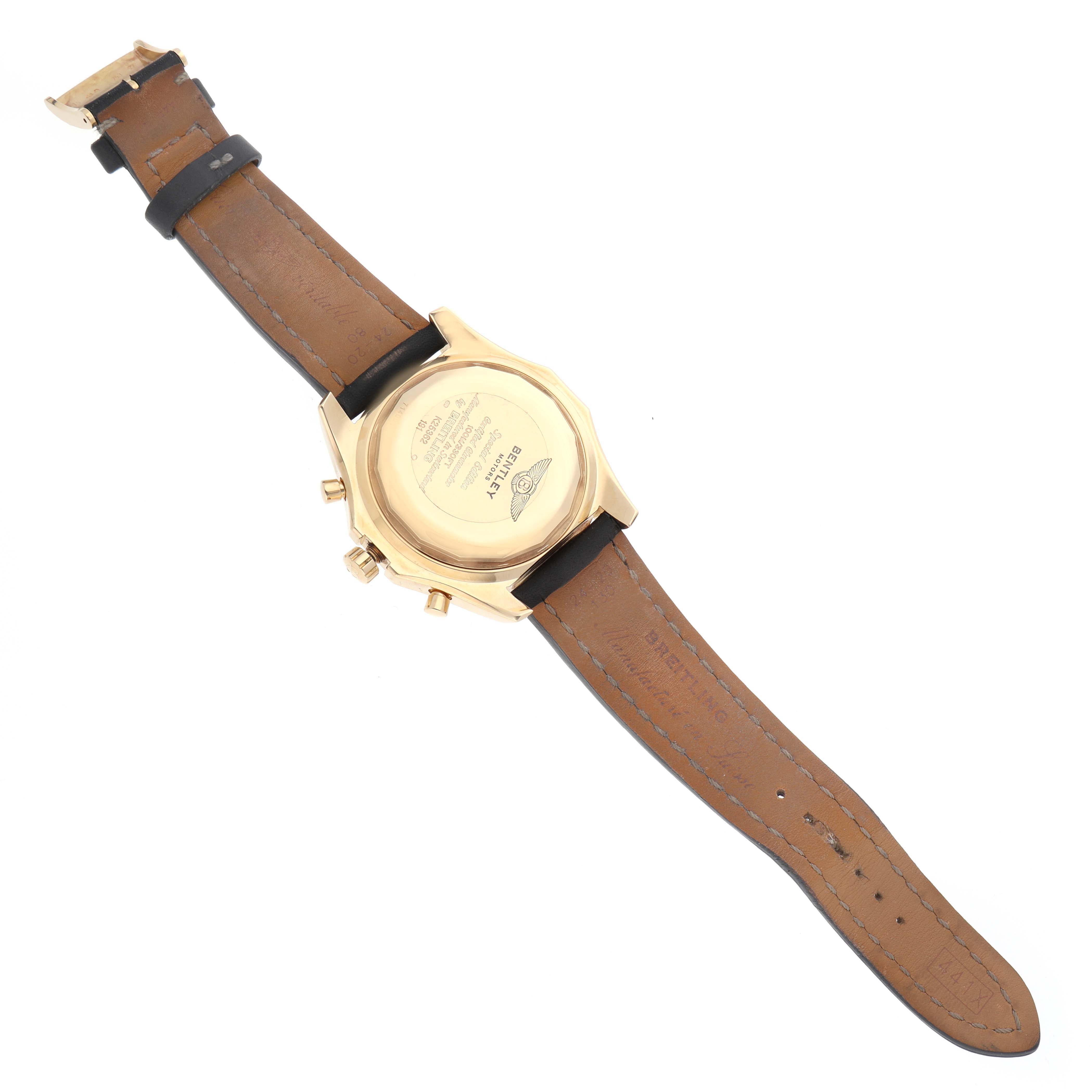 The image shows the back of a Bentley model by Breitling, highlighting the case and leather strap.