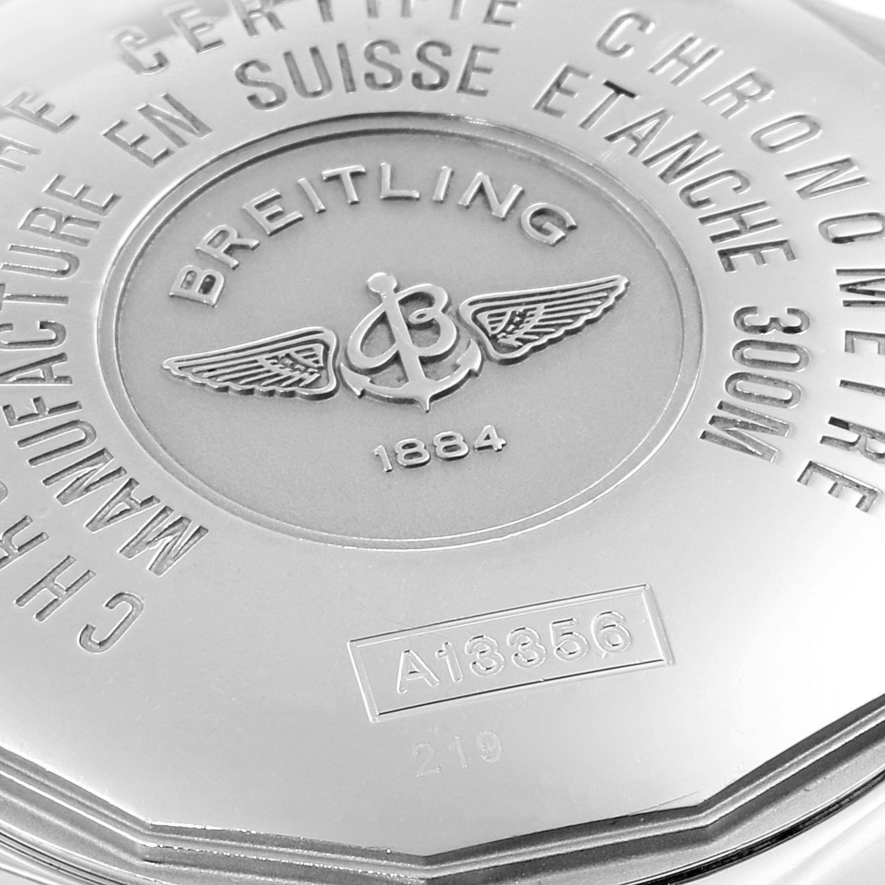 The image shows the back case of a Breitling Chronomat A13356 Men
s Stainless Steel Black Dial A13356 Men
s Stainless Steel Black Dial watch, featuring the brand
s logo and model details.