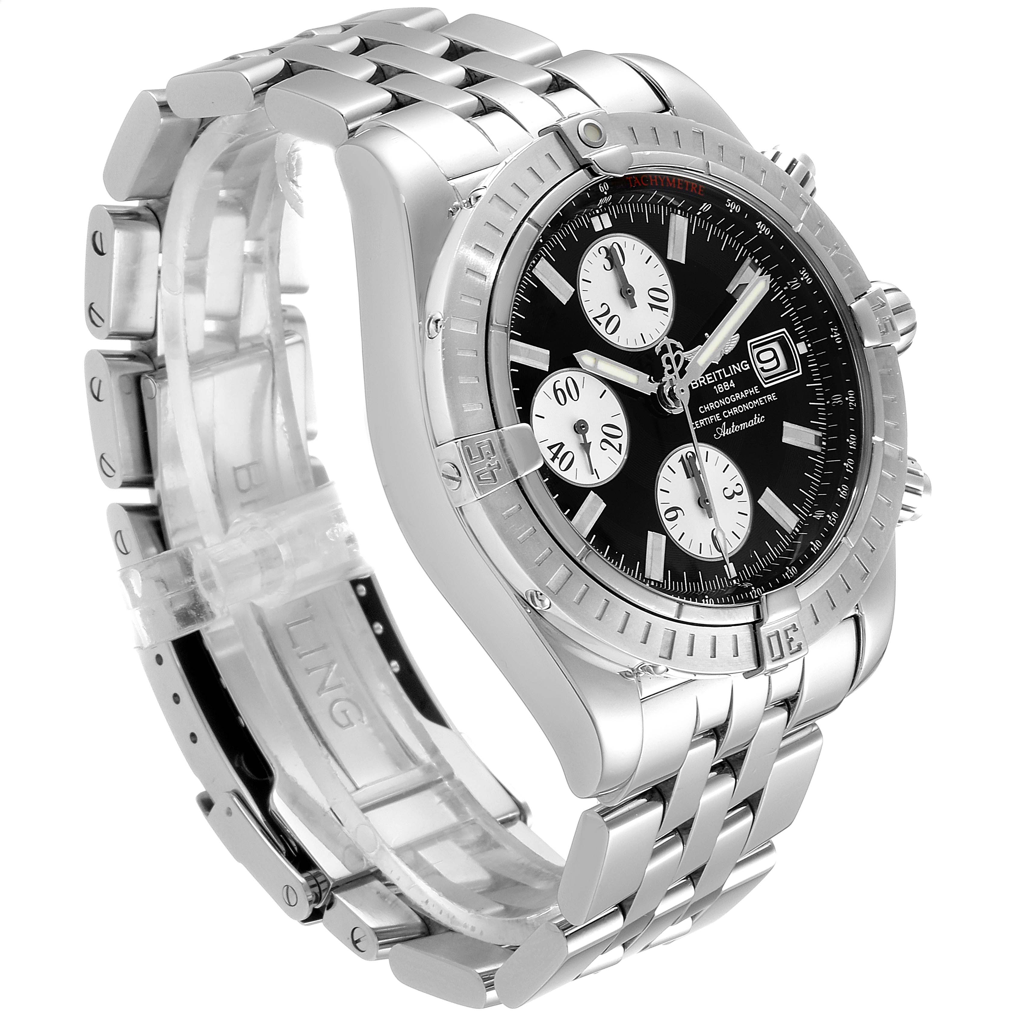 The Breitling Chronomat A13356 Men
s Stainless Steel Black Dial A13356 Men
s Stainless Steel Black Dial watch is shown at a three-quarter view angle, highlighting the polished metal bracelet, black dial, and chronograph subdials.