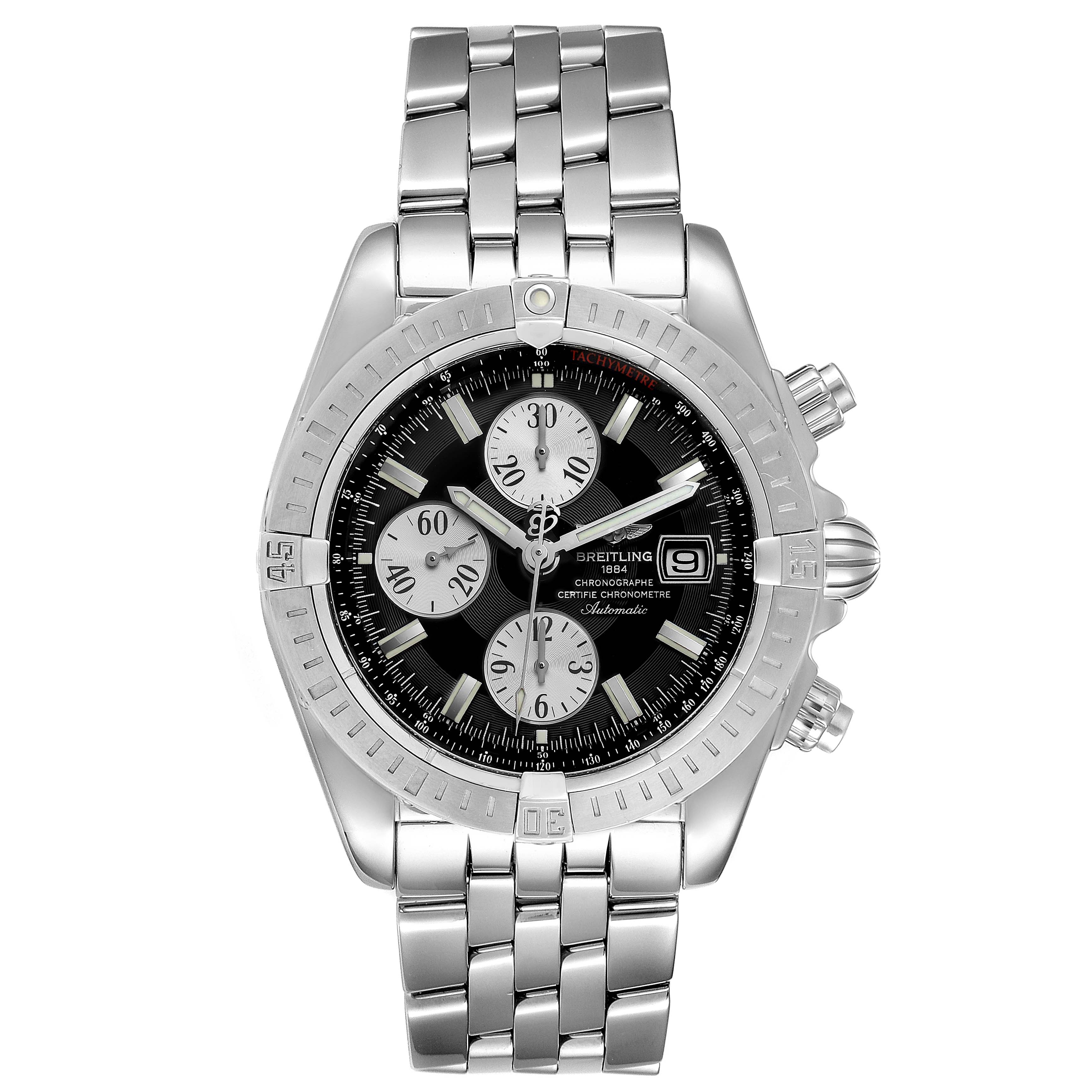 The image shows a head-on view of a Breitling Chronomat A13356 Men
s Stainless Steel Black Dial A13356 Men
s Stainless Steel Black Dial watch, displaying its face, bezel, and part of the bracelet.
