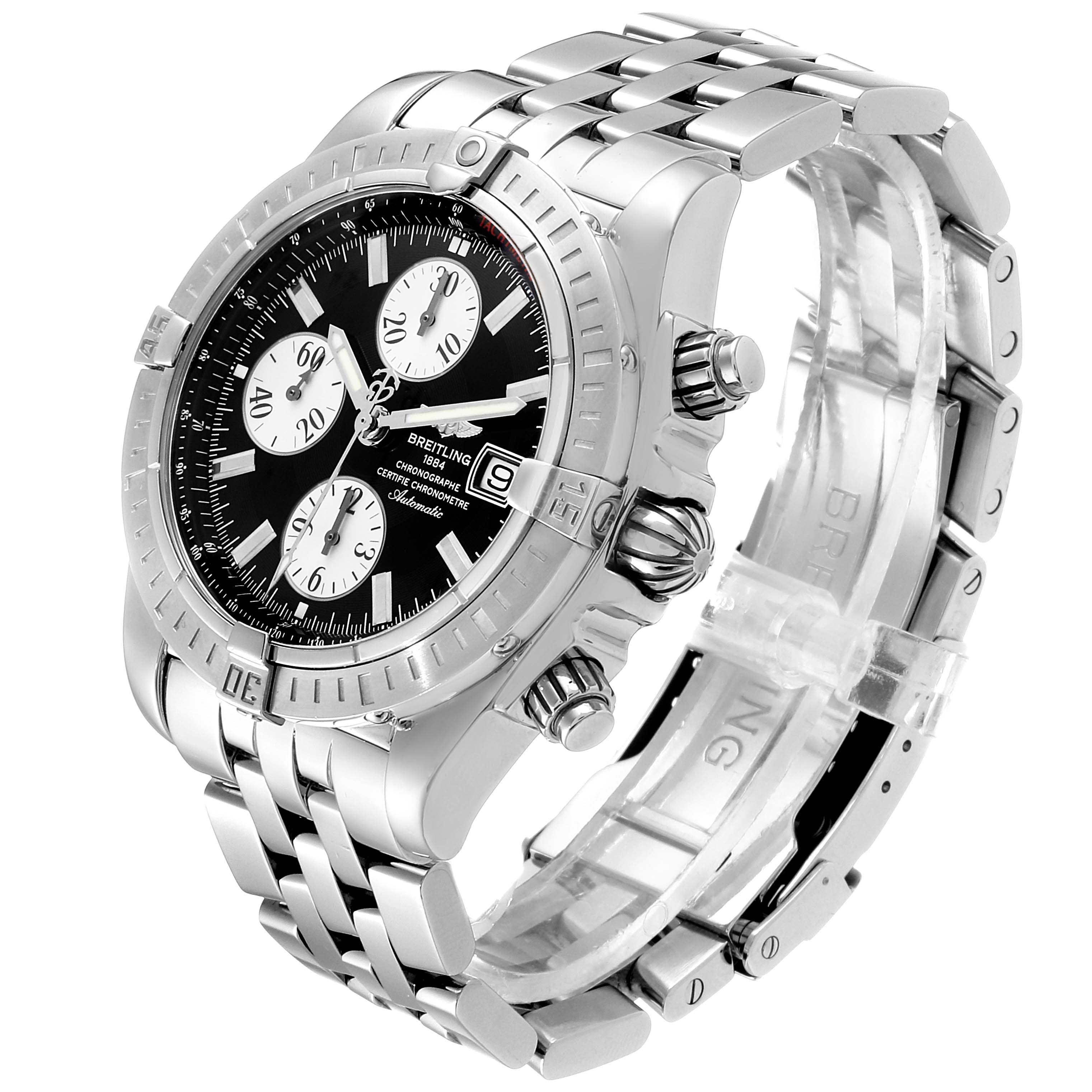 The image shows a side angle of the Breitling Chronomat A13356 Men
s Stainless Steel Black Dial A13356 Men
s Stainless Steel Black Dial watch, focusing on the dial, bezel, case, and bracelet.