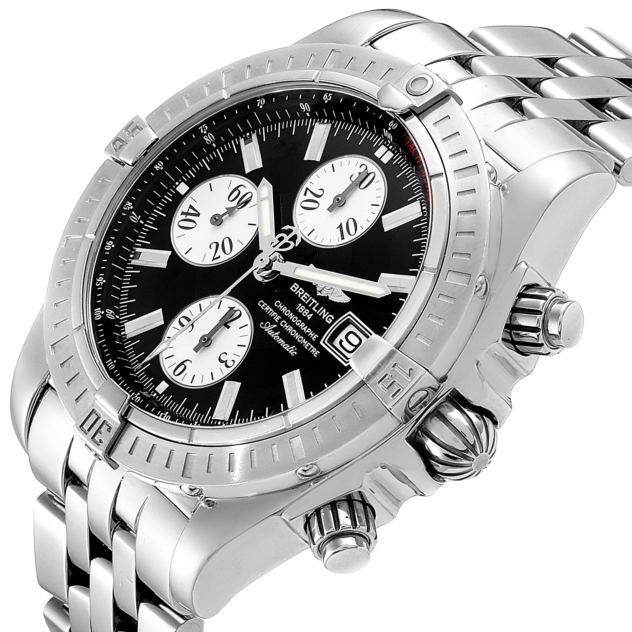 The Breitling Chronomat A13356 Men
s Stainless Steel Black Dial A13356 Men
s Stainless Steel Black Dial watch is shown at an oblique angle, displaying its face, bezel, crown, and chronograph pushers.