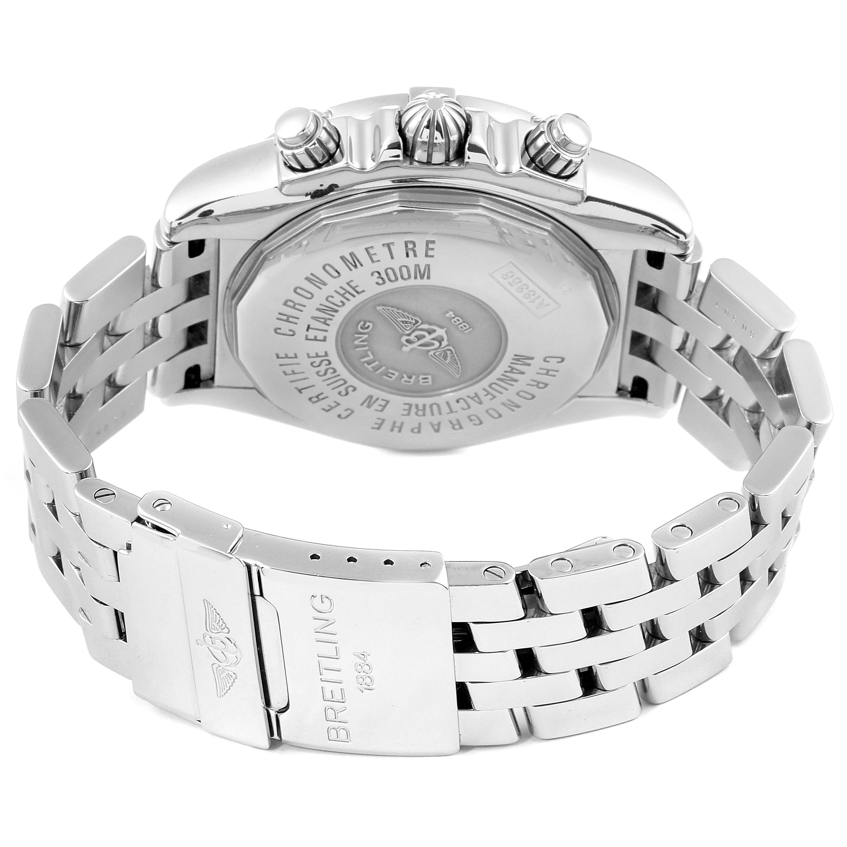 The image shows a back angle of the Breitling Chronomat A13356 Men
s Stainless Steel Black Dial A13356 Men
s Stainless Steel Black Dial watch, highlighting its clasp, case back, and stainless steel bracelet.