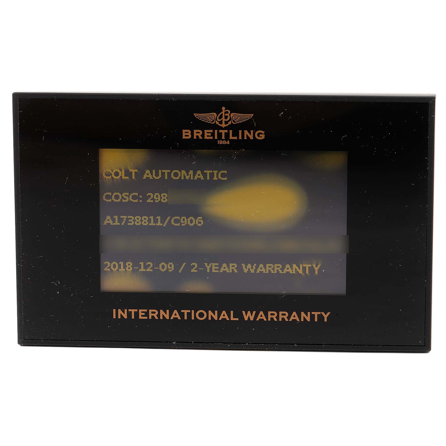 This image shows the international warranty card for the Breitling Colt A17388 Men's Stainless Steel Blue Dial A17388 Men's Stainless Steel Blue Dial Automatic watch model.