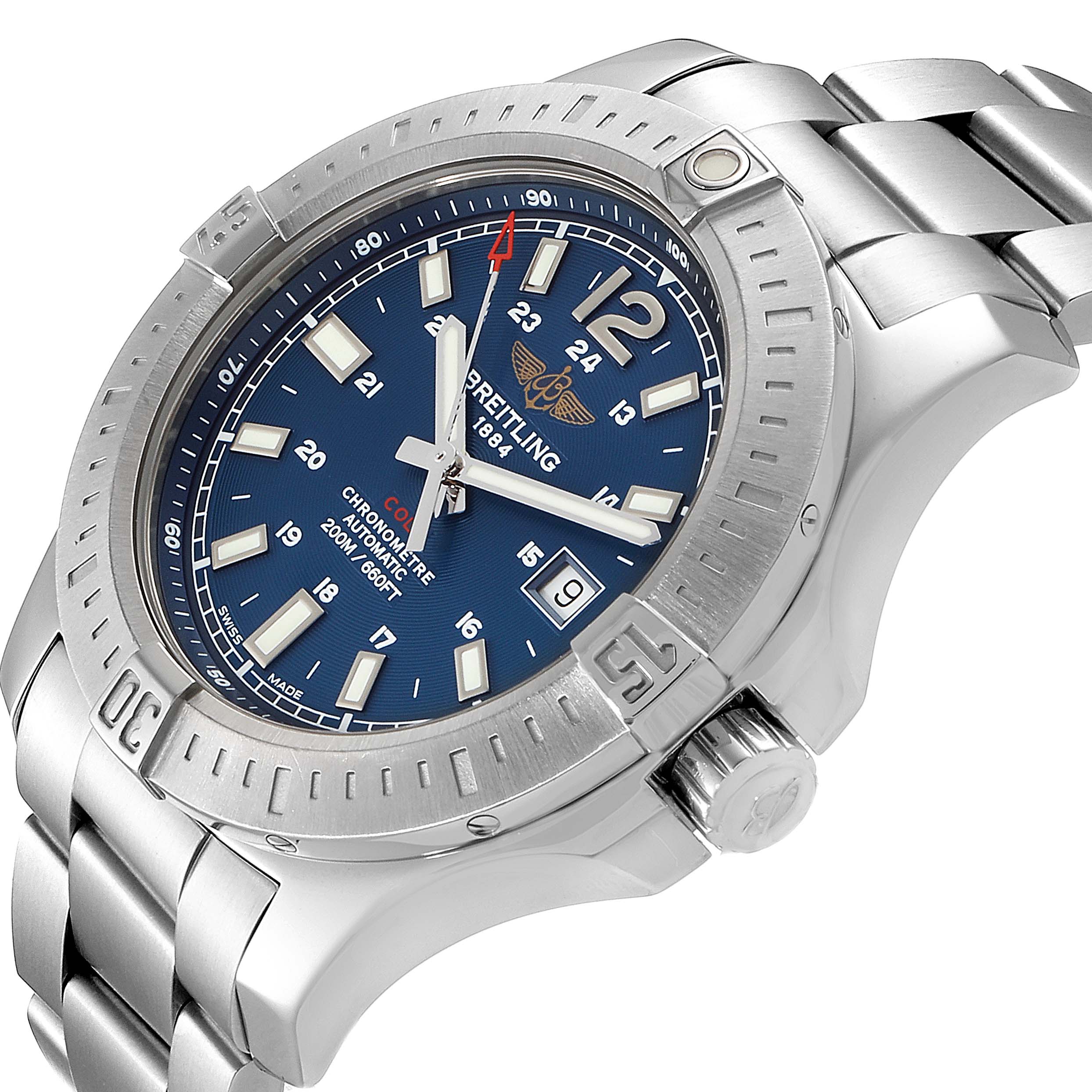 The image shows a Breitling Colt A17388 Men's Stainless Steel Blue Dial A17388 Men's Stainless Steel Blue Dial watch from an angled perspective highlighting its bezel, dial, crown, and stainless steel bracelet.