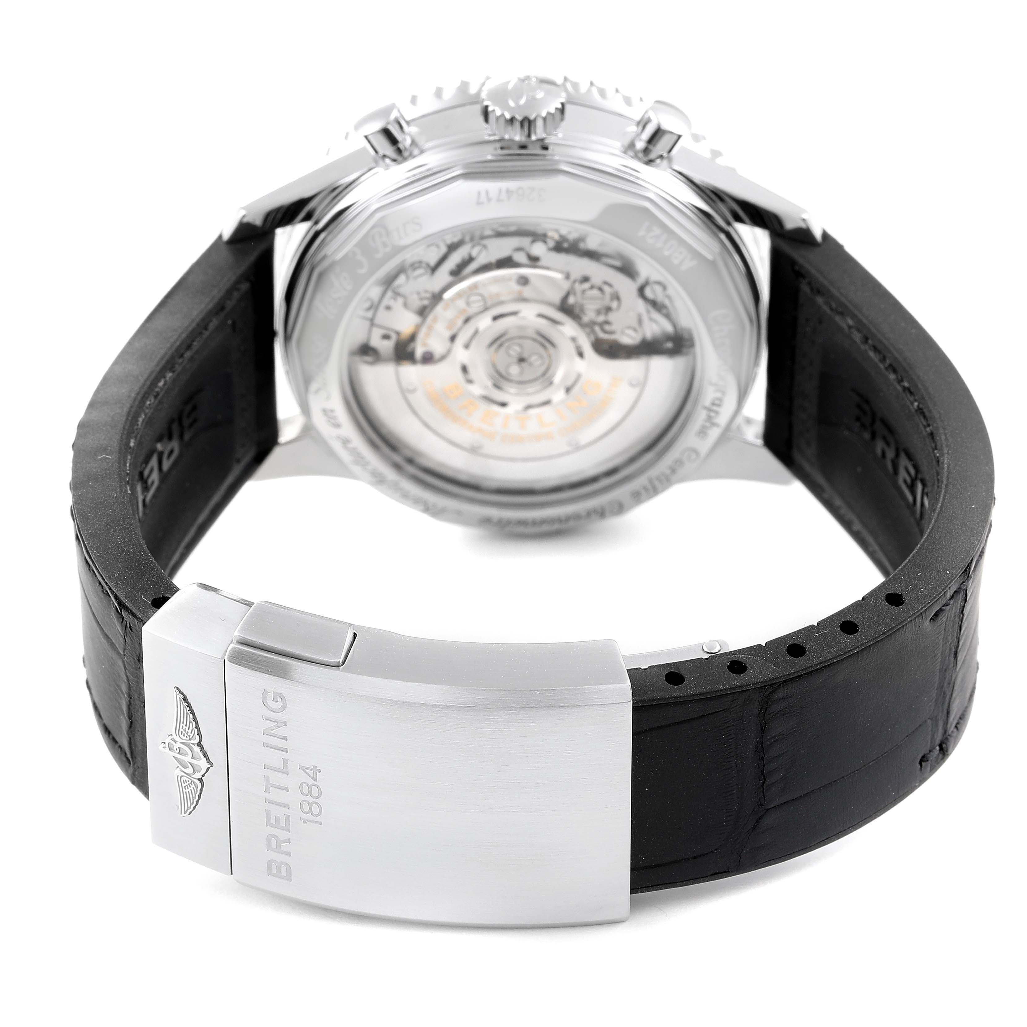 The image shows the back view of a Breitling Navitimer AB0121 Men
s Stainless Steel Black Dial AB0121 Men
s Stainless Steel Black Dial watch, highlighting the strap and clasp.