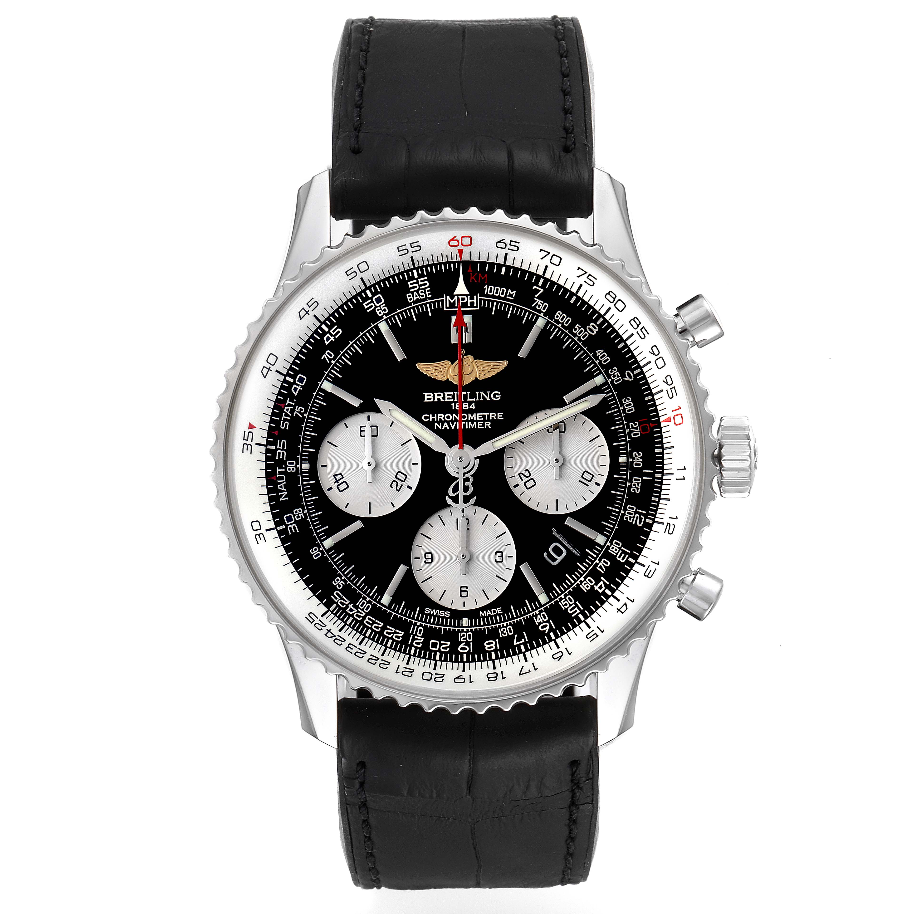 This image shows a front view of a Breitling Navitimer AB0121 Men
s Stainless Steel Black Dial AB0121 Men
s Stainless Steel Black Dial watch, highlighting its dial, bezel, and leather strap.