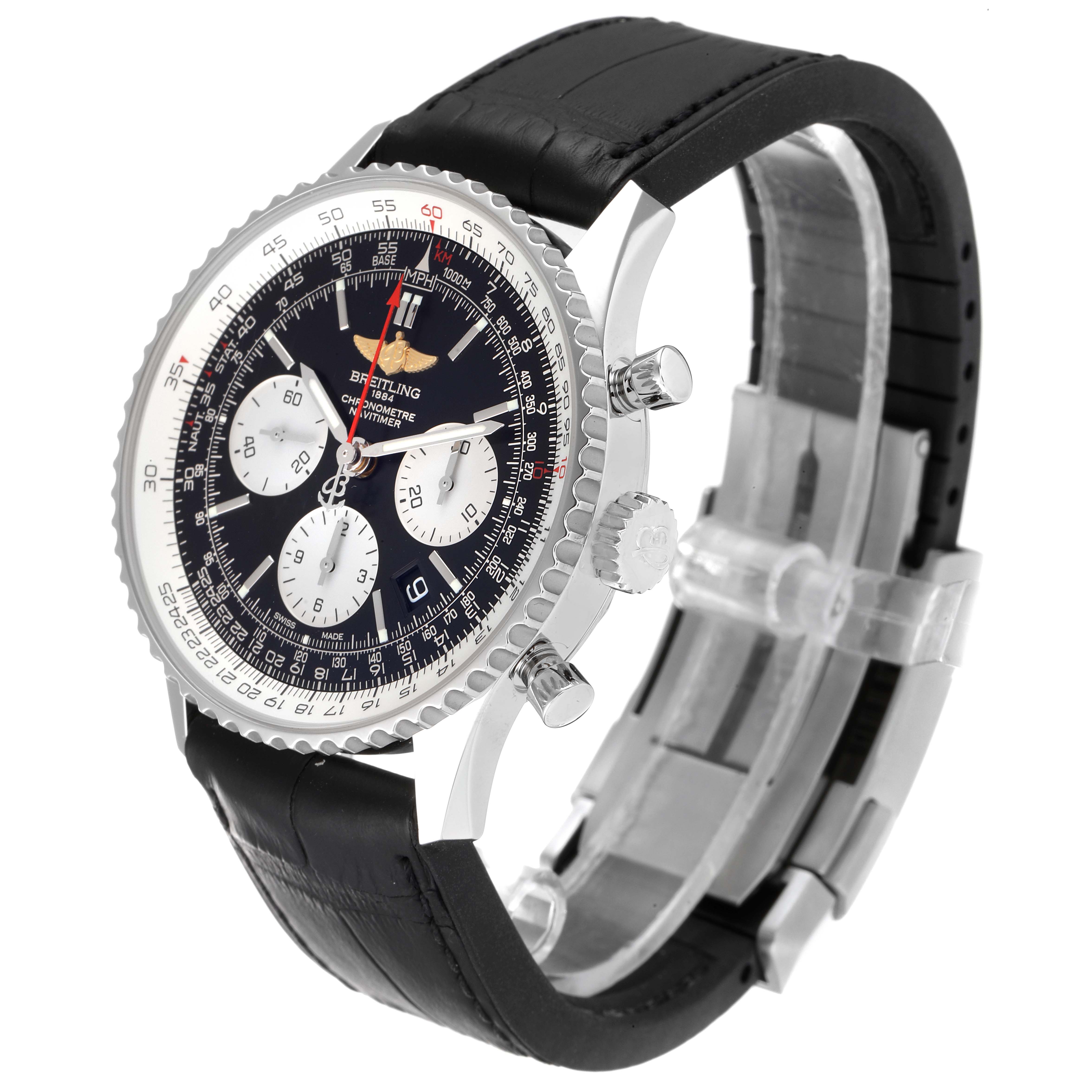 This image shows a Breitling Navitimer AB0121 Men
s Stainless Steel Black Dial AB0121 Men
s Stainless Steel Black Dial watch at a three-quarter angle, highlighting the face, crown, pushers, and black leather strap.
