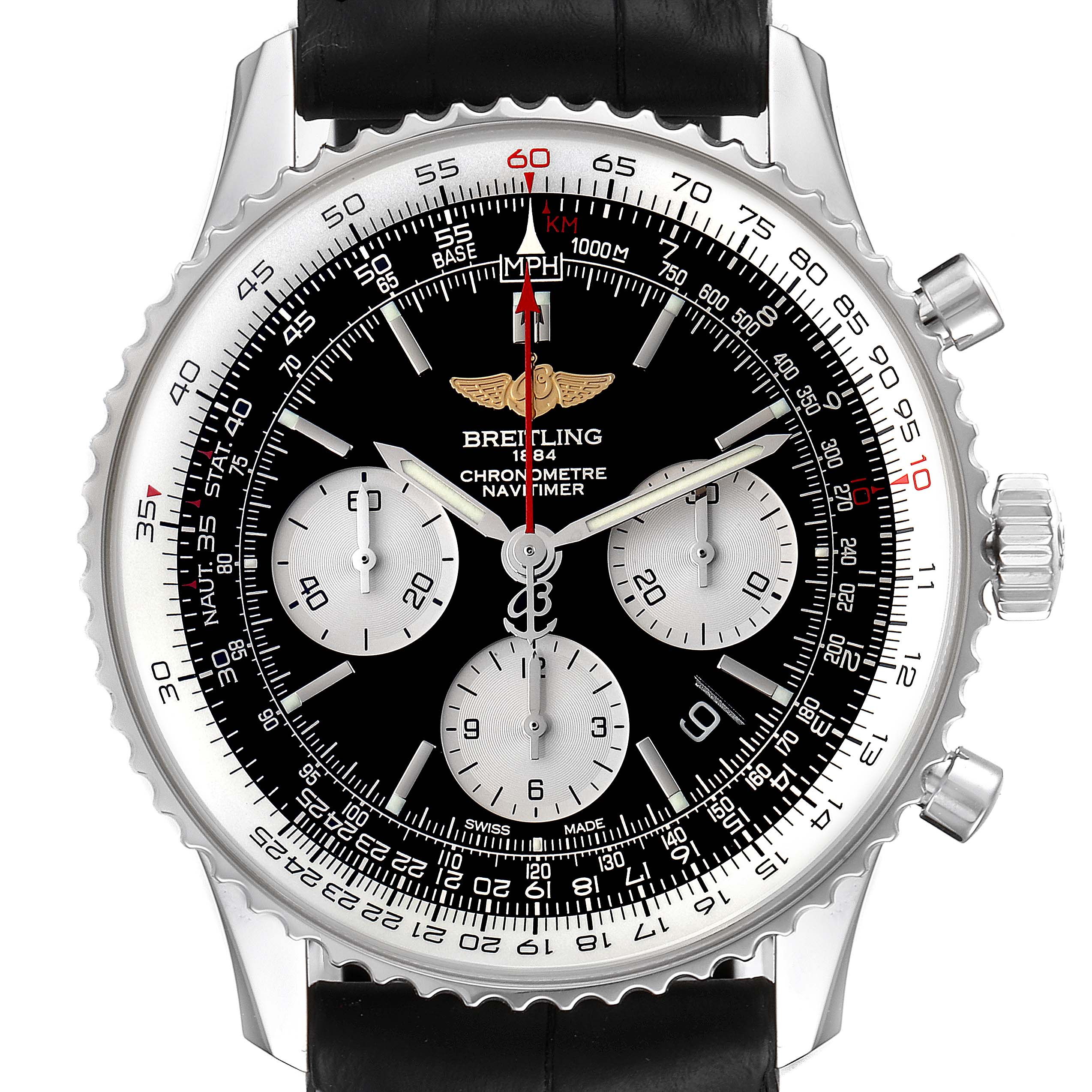 The image shows a front view of a Breitling Navitimer AB0121 Men
s Stainless Steel Black Dial AB0121 Men
s Stainless Steel Black Dial watch, displaying its dial, chronograph, bezel, hands, and crown.