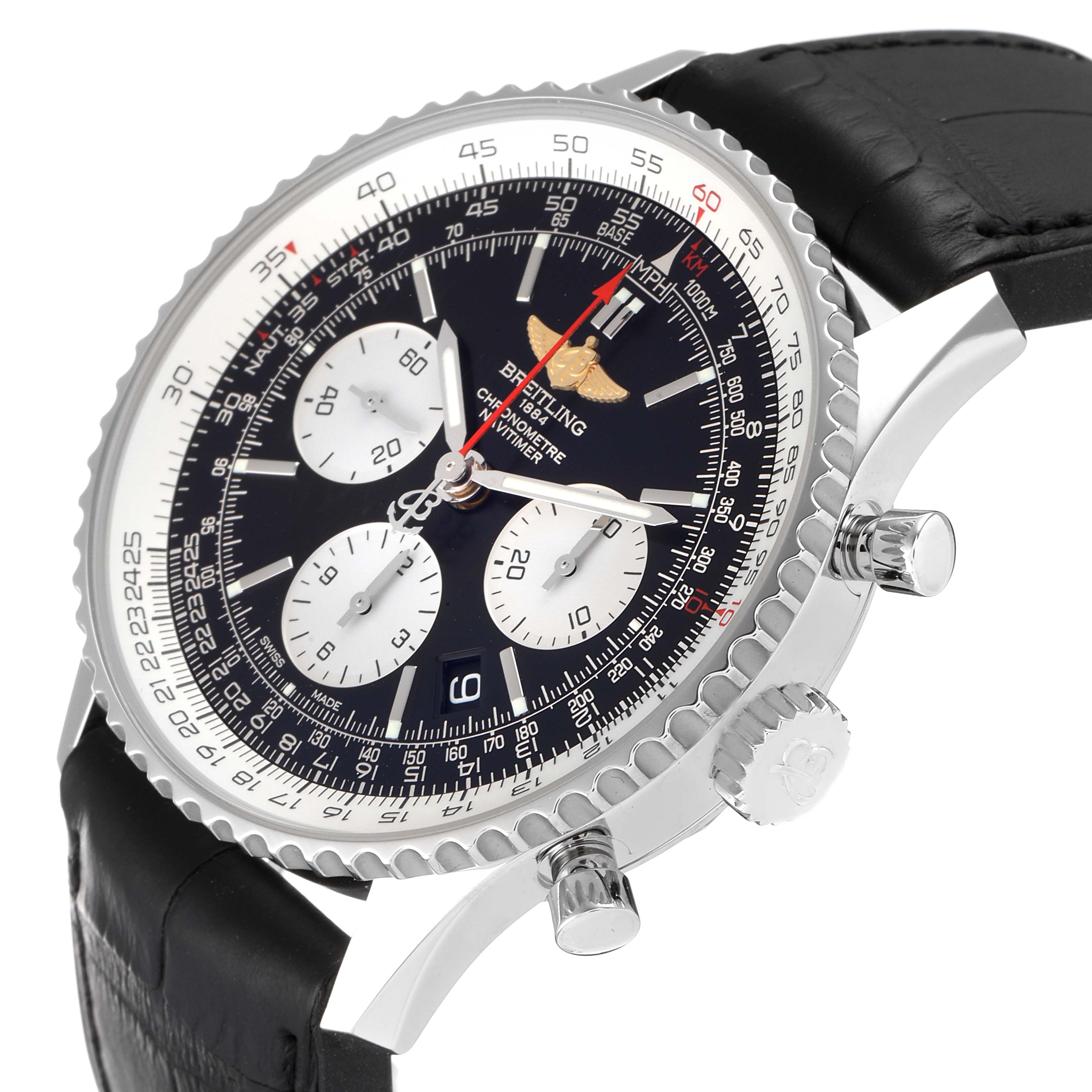 The image shows a side view of a Breitling Navitimer AB0121 Men
s Stainless Steel Black Dial AB0121 Men
s Stainless Steel Black Dial watch, highlighting the black leather strap, bezel, and chronograph dials.