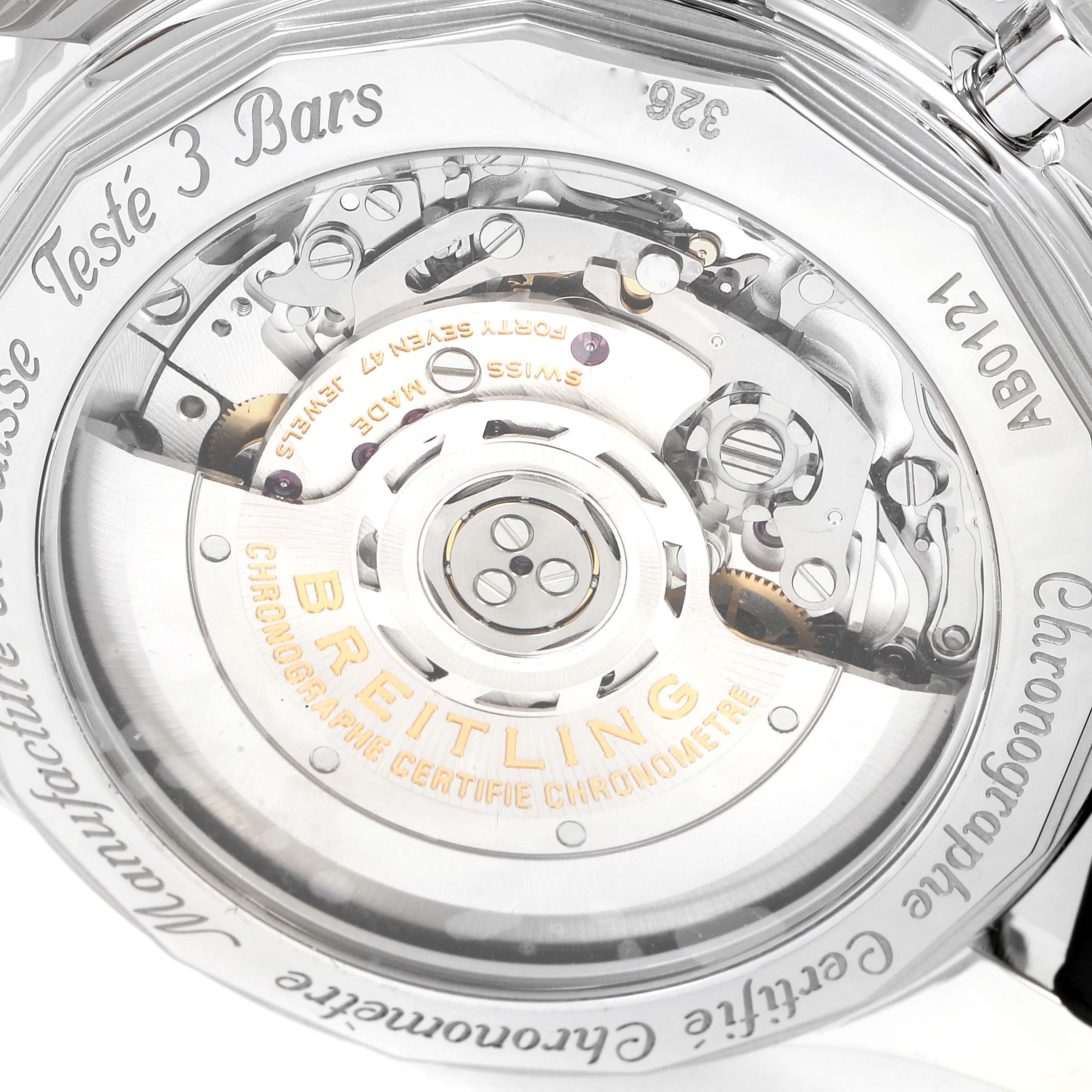 The image shows the back view of a Breitling Navitimer AB0121 Men
s Stainless Steel Black Dial AB0121 Men
s Stainless Steel Black Dial watch, revealing its internal mechanical movement.