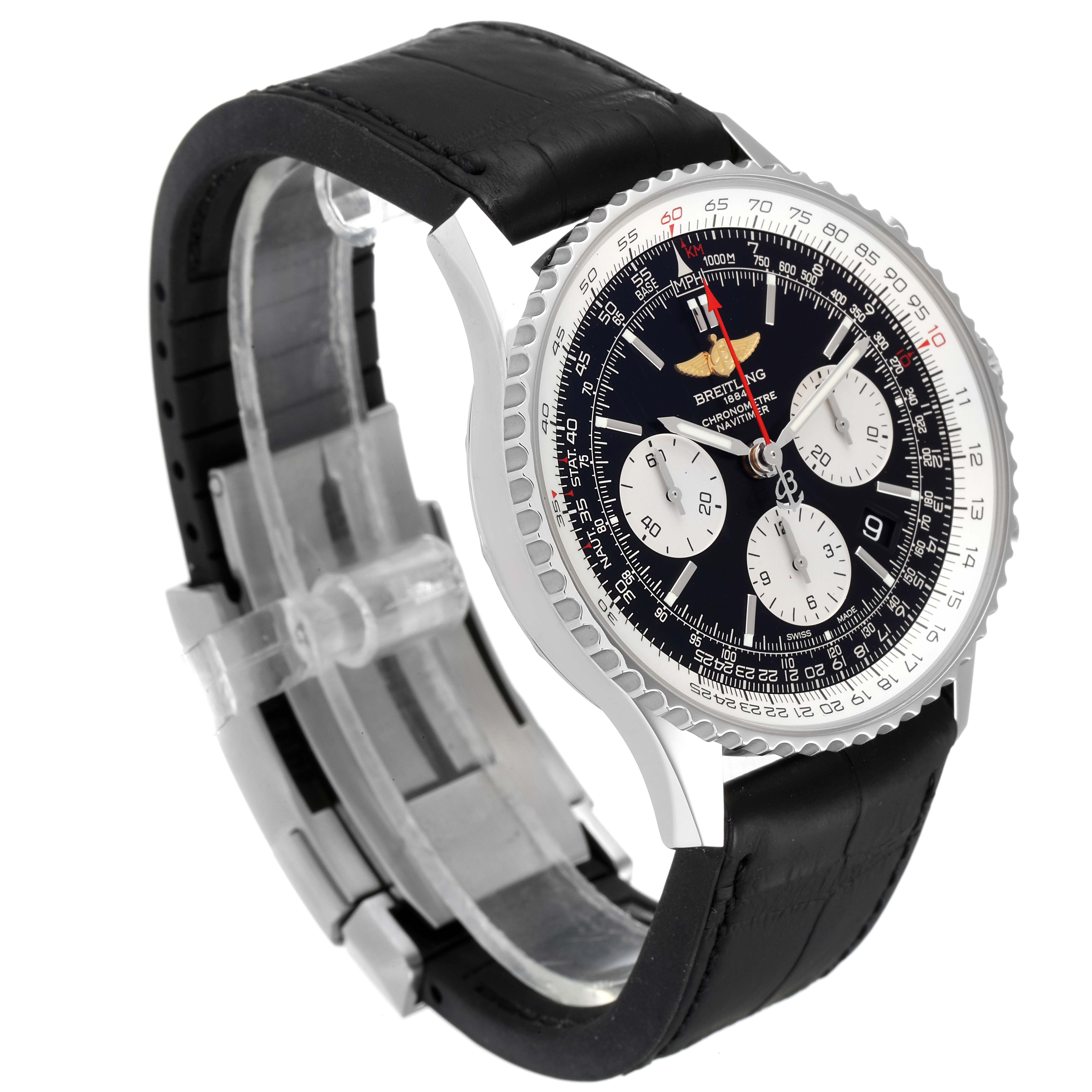 The image shows a Breitling Navitimer AB0121 Men
s Stainless Steel Black Dial AB0121 Men
s Stainless Steel Black Dial watch from an angled side view, highlighting the face, bezel, and black leather strap.