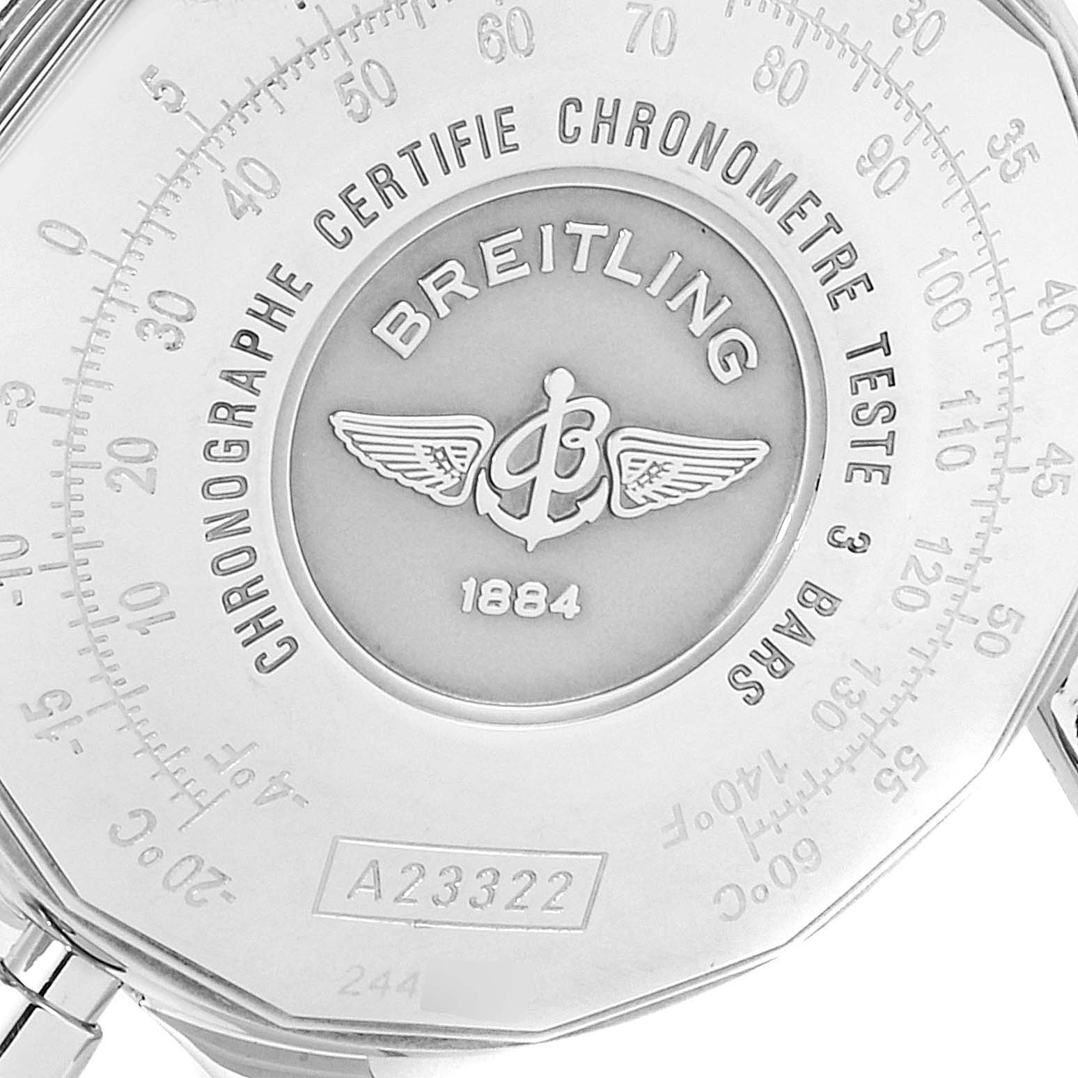 The image shows the back case of a Breitling Navitimer A23322 Men's Stainless Steel Black Dial A23322 Men's Stainless Steel Black Dial watch, highlighting the engravings and the brand's logo.