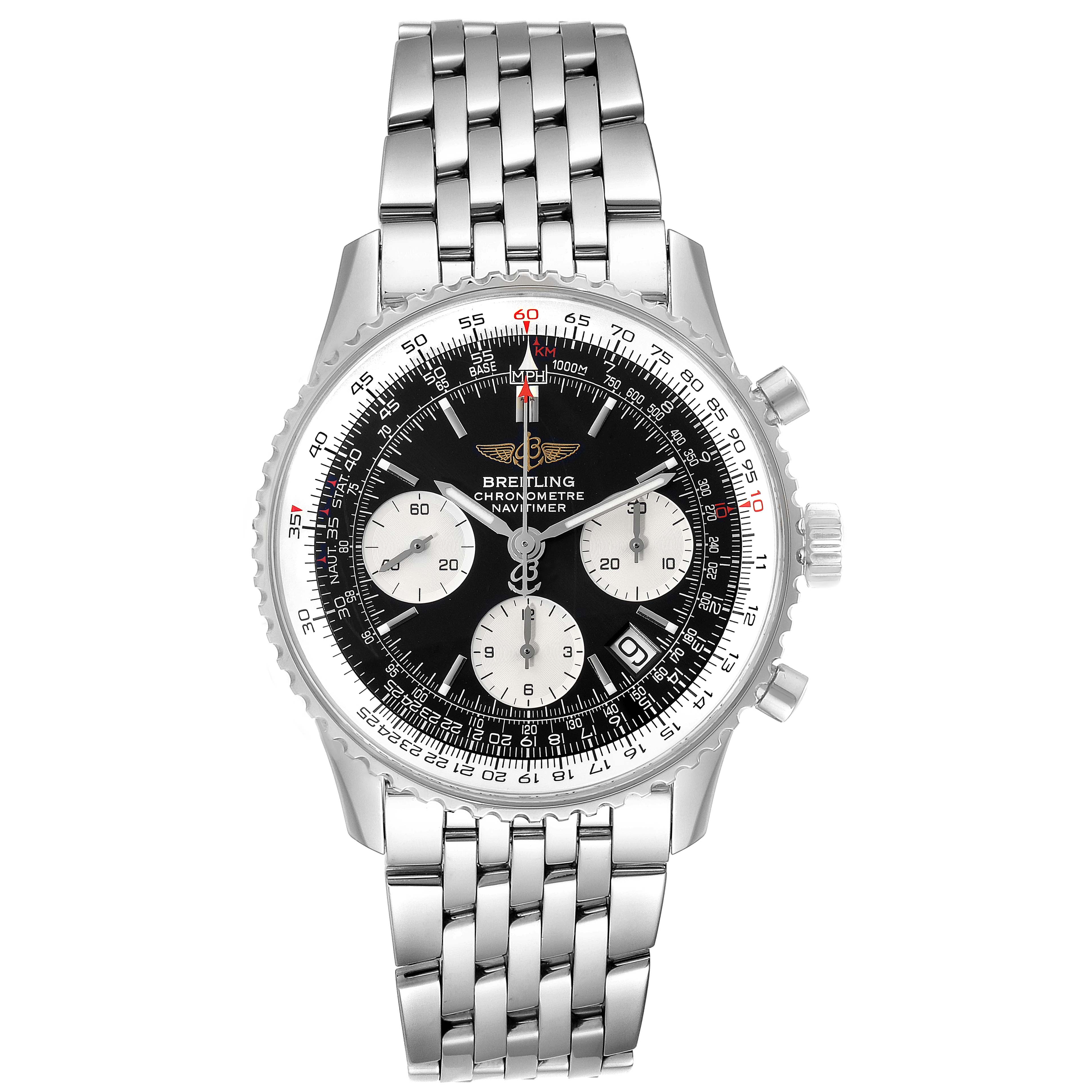 The image shows a frontal view of the Breitling Navitimer A23322 Men's Stainless Steel Black Dial A23322 Men's Stainless Steel Black Dial watch, displaying its face, dial, and metal bracelet.