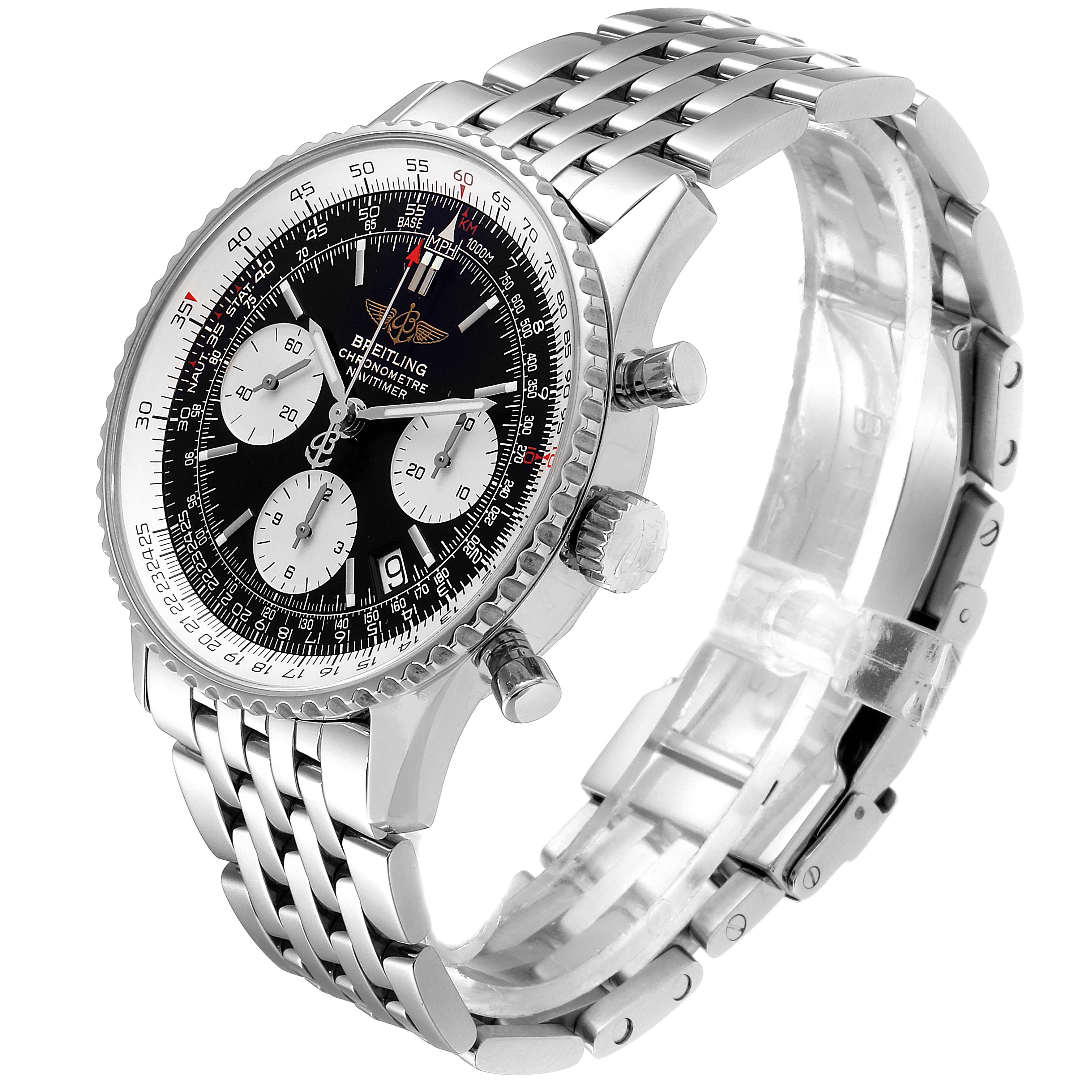 The image shows a Breitling Navitimer A23322 Men's Stainless Steel Black Dial A23322 Men's Stainless Steel Black Dial watch at a three-quarter angle, highlighting the face, bezel, and bracelet.