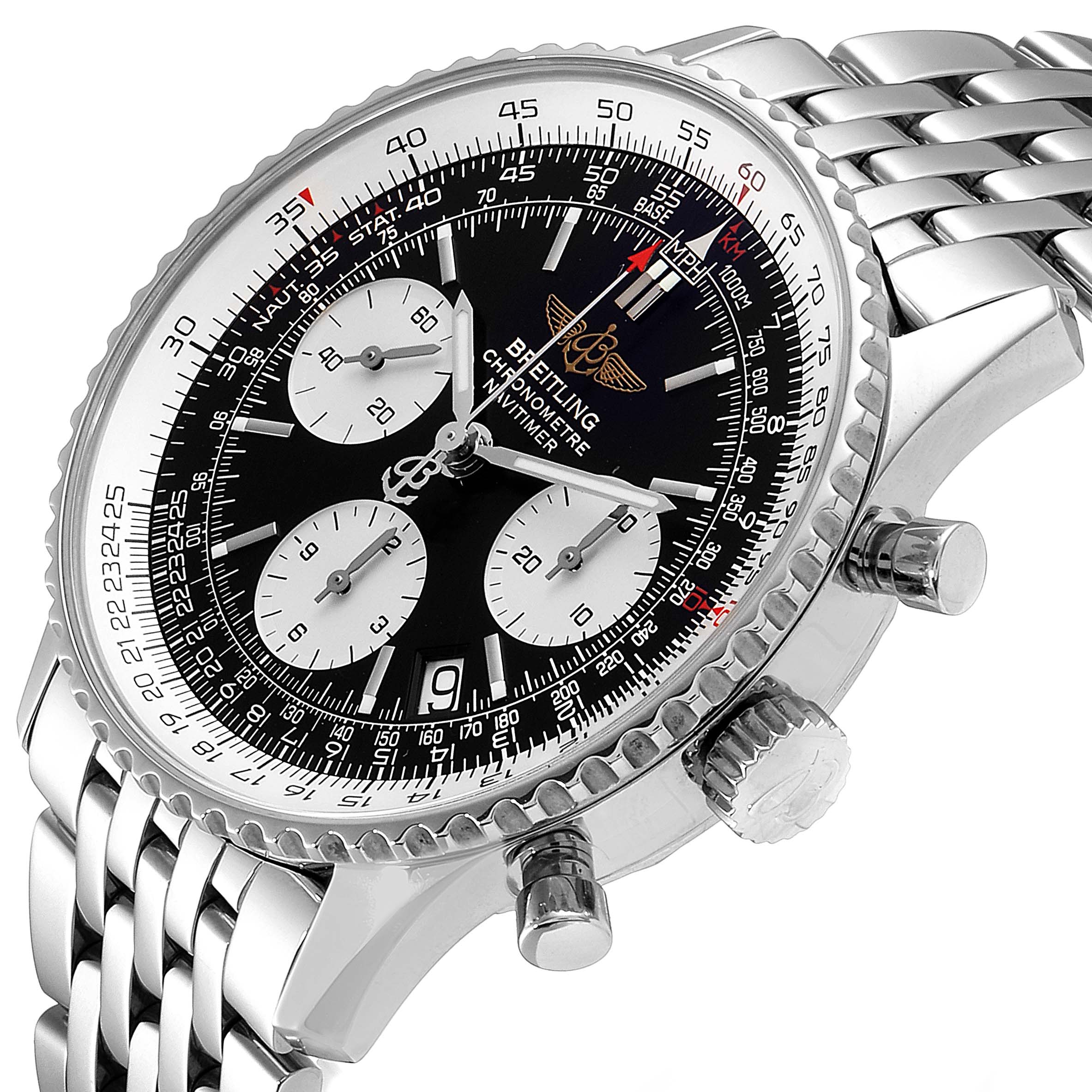 The image showcases a Breitling Navitimer A23322 Men's Stainless Steel Black Dial A23322 Men's Stainless Steel Black Dial watch at an angle highlighting the case, dial, bezel, pushers, and bracelet.