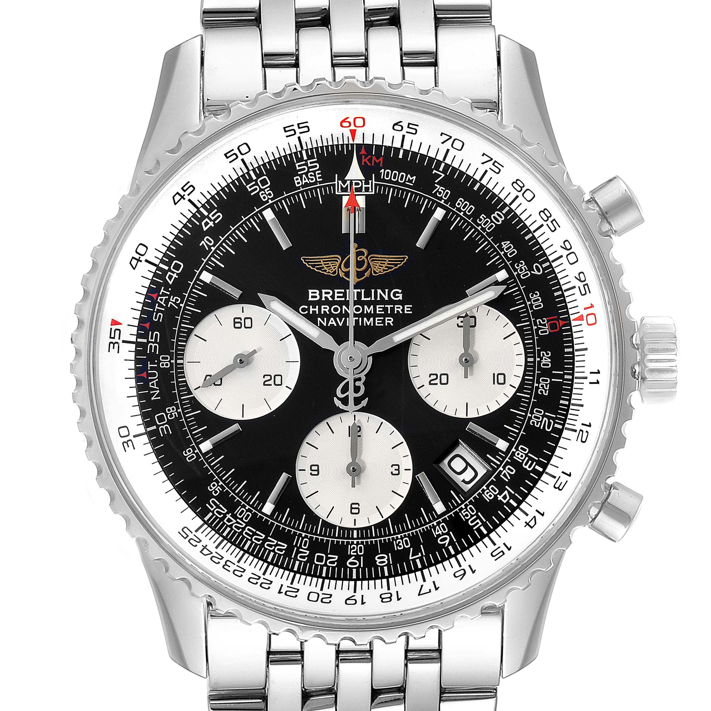 This image shows a frontal view of a Breitling Navitimer A23322 Men's Stainless Steel Black Dial A23322 Men's Stainless Steel Black Dial watch, highlighting its dial, sub-dials, and bracelet.